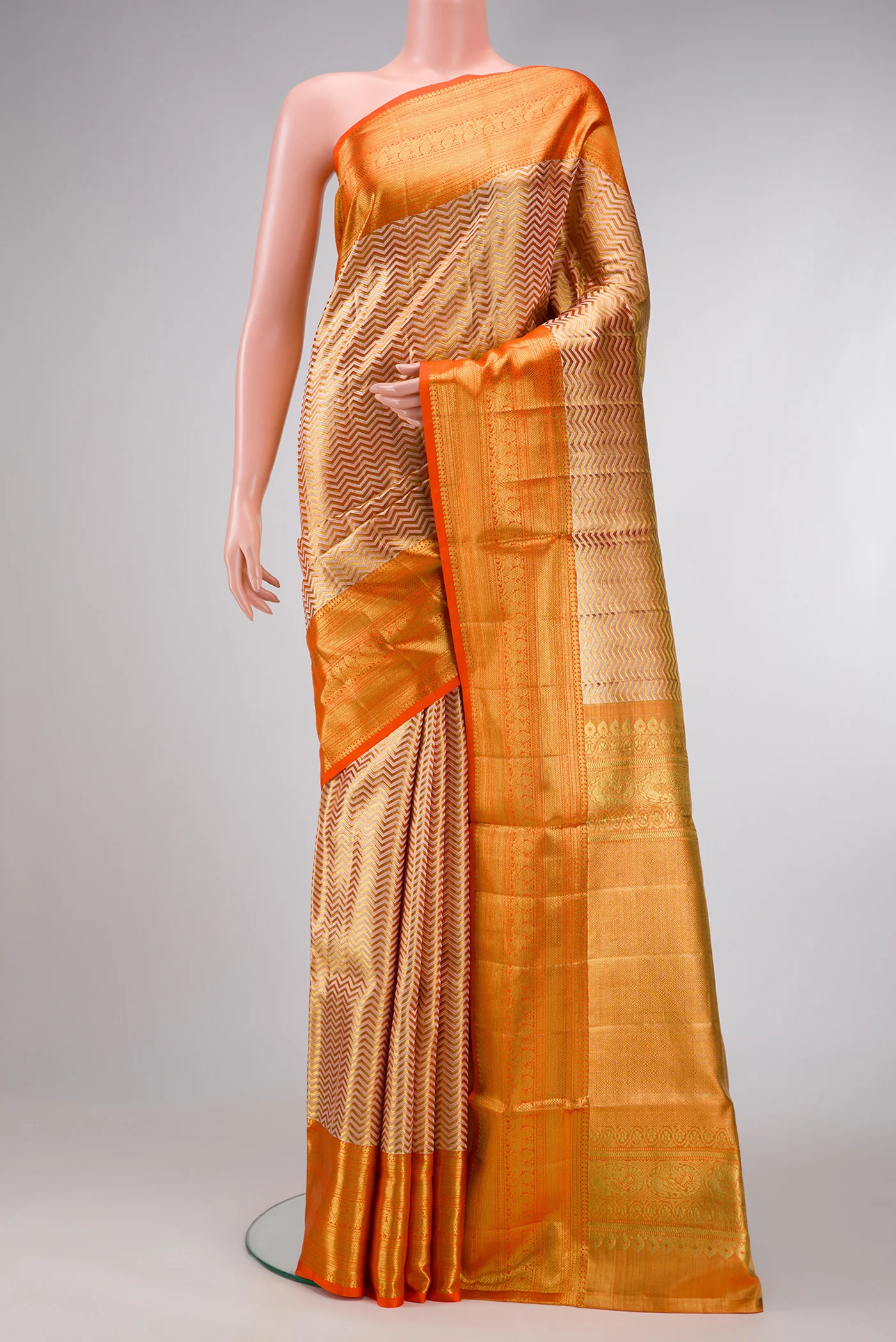 Gold with Orange Color Kanjivaram Tissue Silk Saree