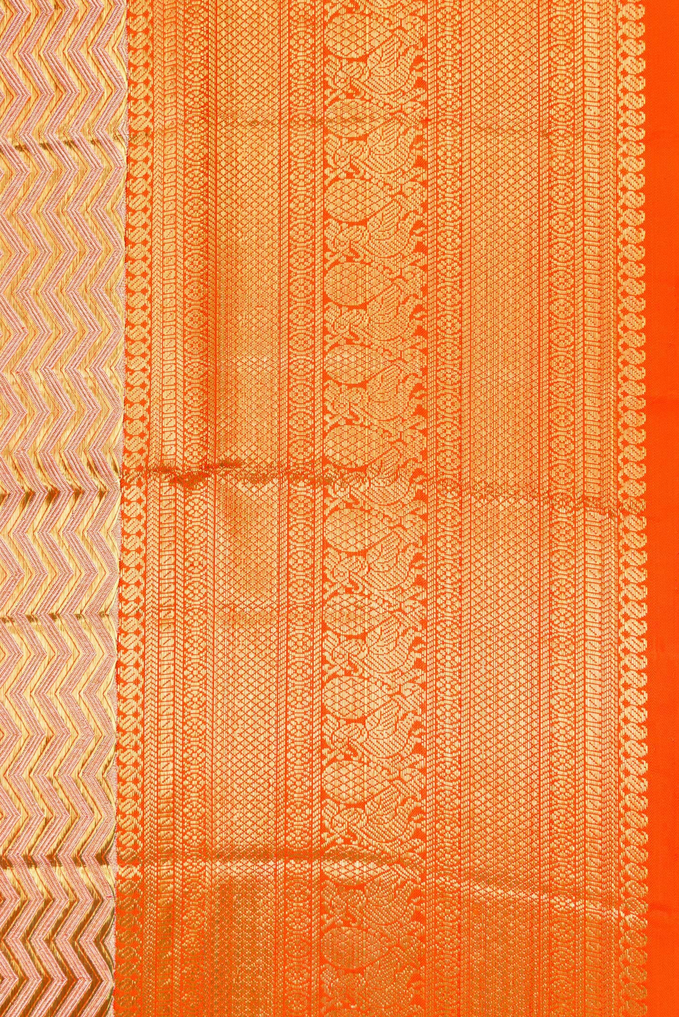 Gold with Orange Color Kanjivaram Tissue Silk Saree - Image 3