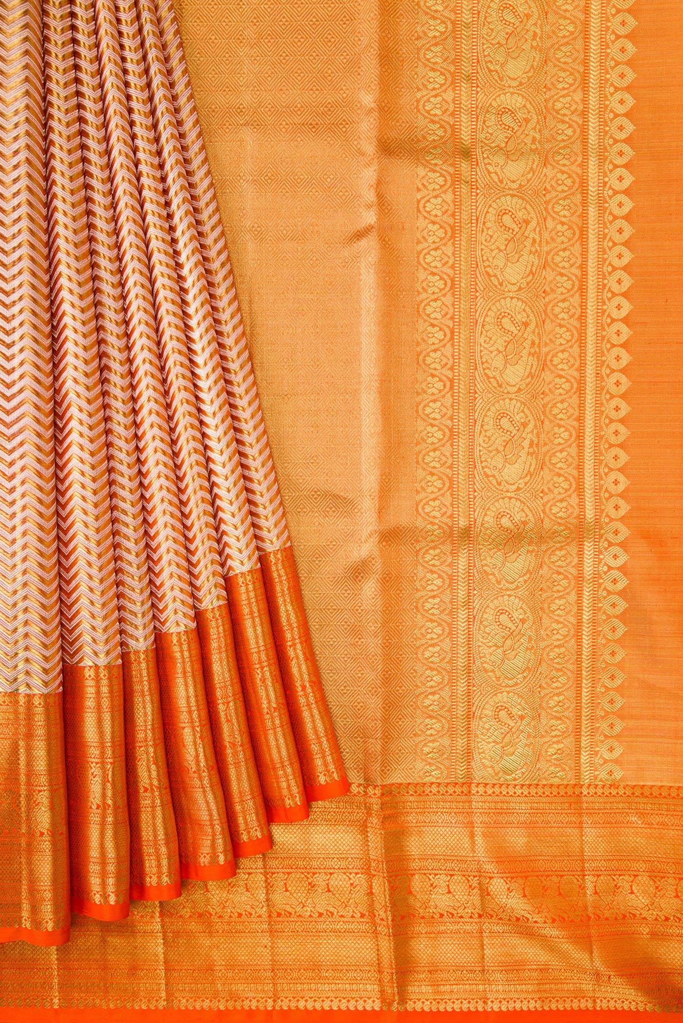 Gold with Orange Color Kanjivaram Tissue Silk Saree - Image 4