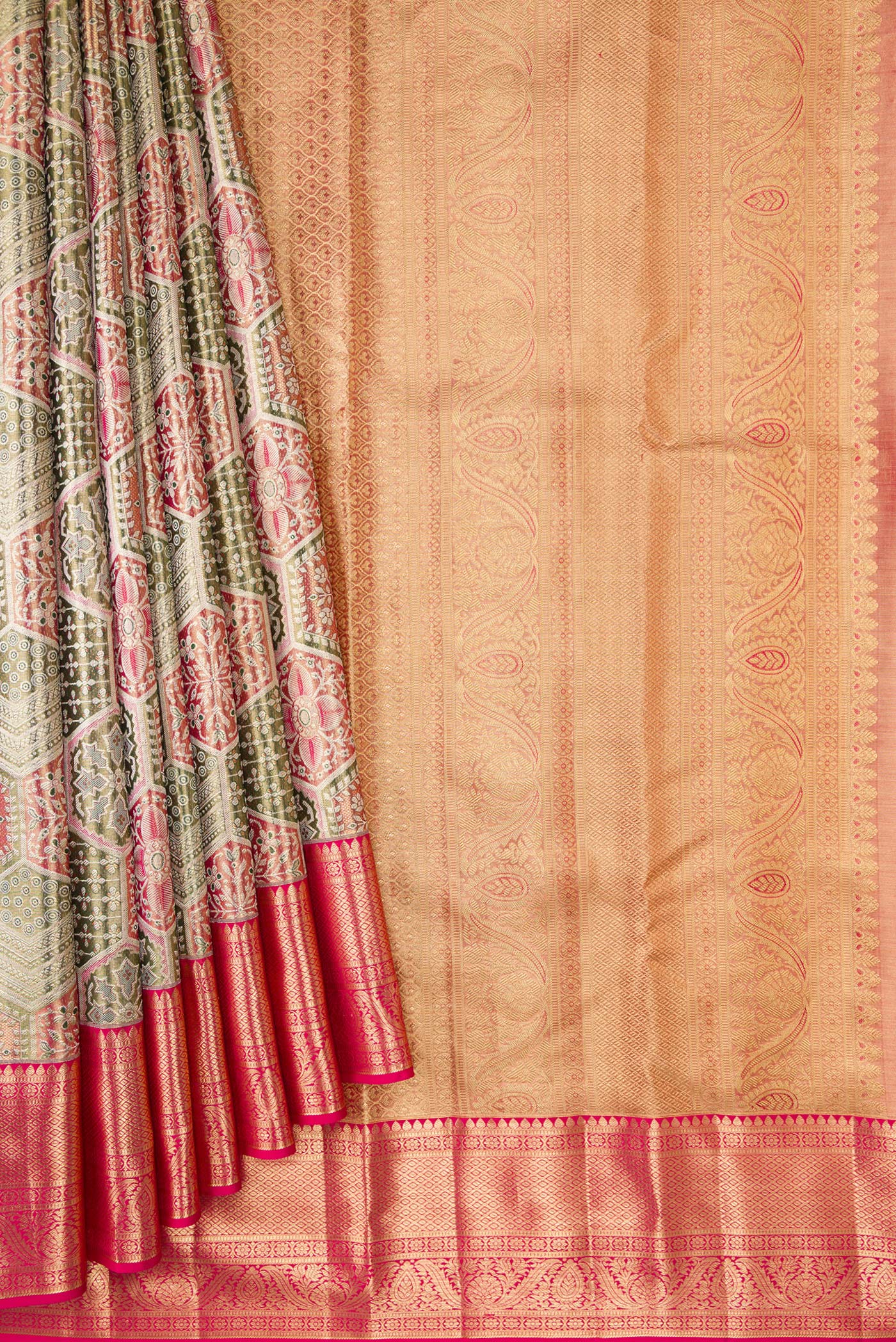 Green with Gold Color Kanjivaram Tissue Silk Saree - Image 4