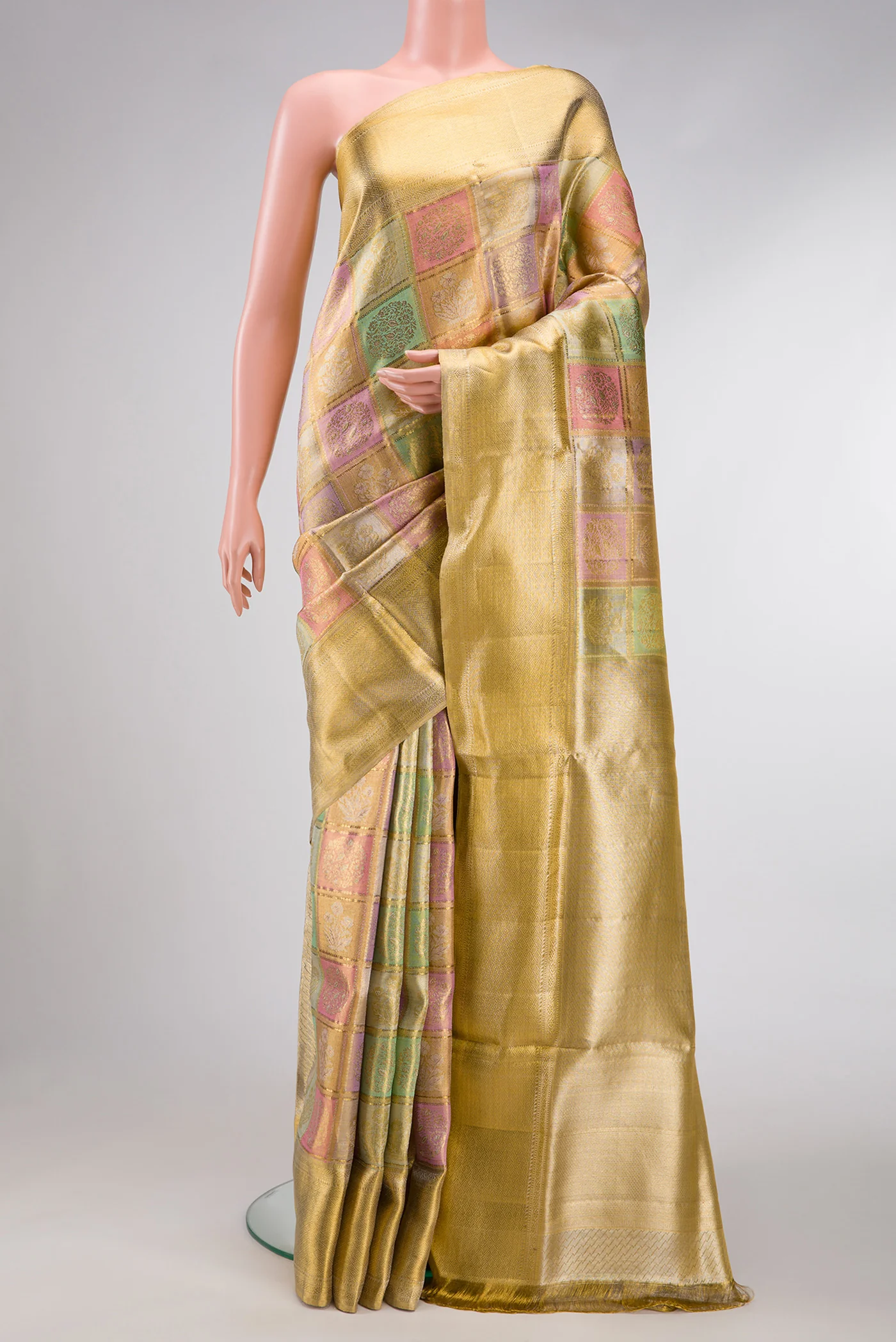Gold, Pink and Green Color Kanjivaram Tissue Silk Saree