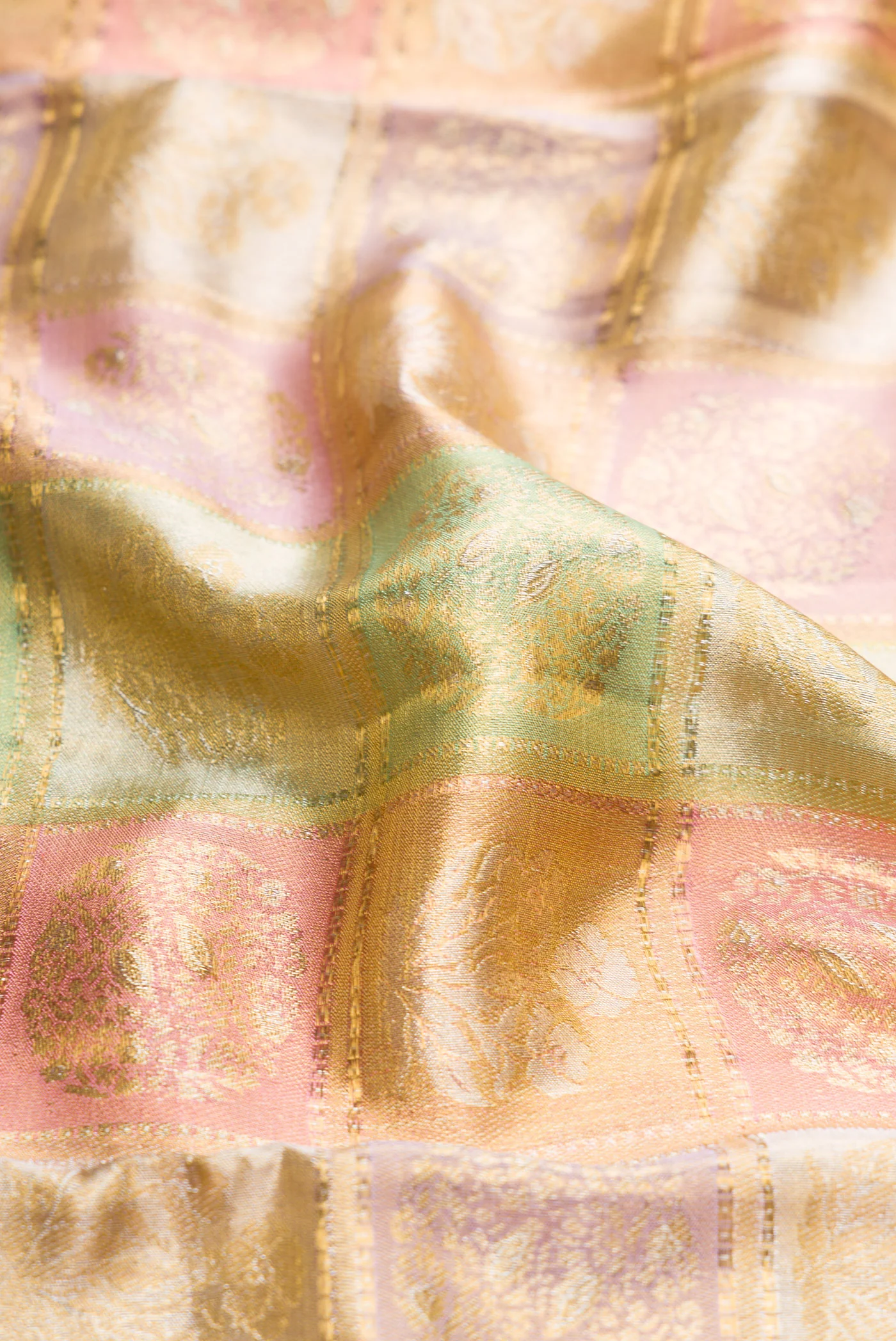 Gold, Pink and Green Color Kanjivaram Tissue Silk Saree - Image 2
