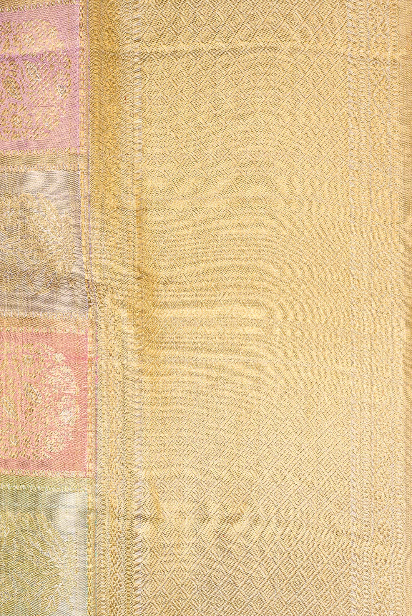 Gold, Pink and Green Color Kanjivaram Tissue Silk Saree - Image 3