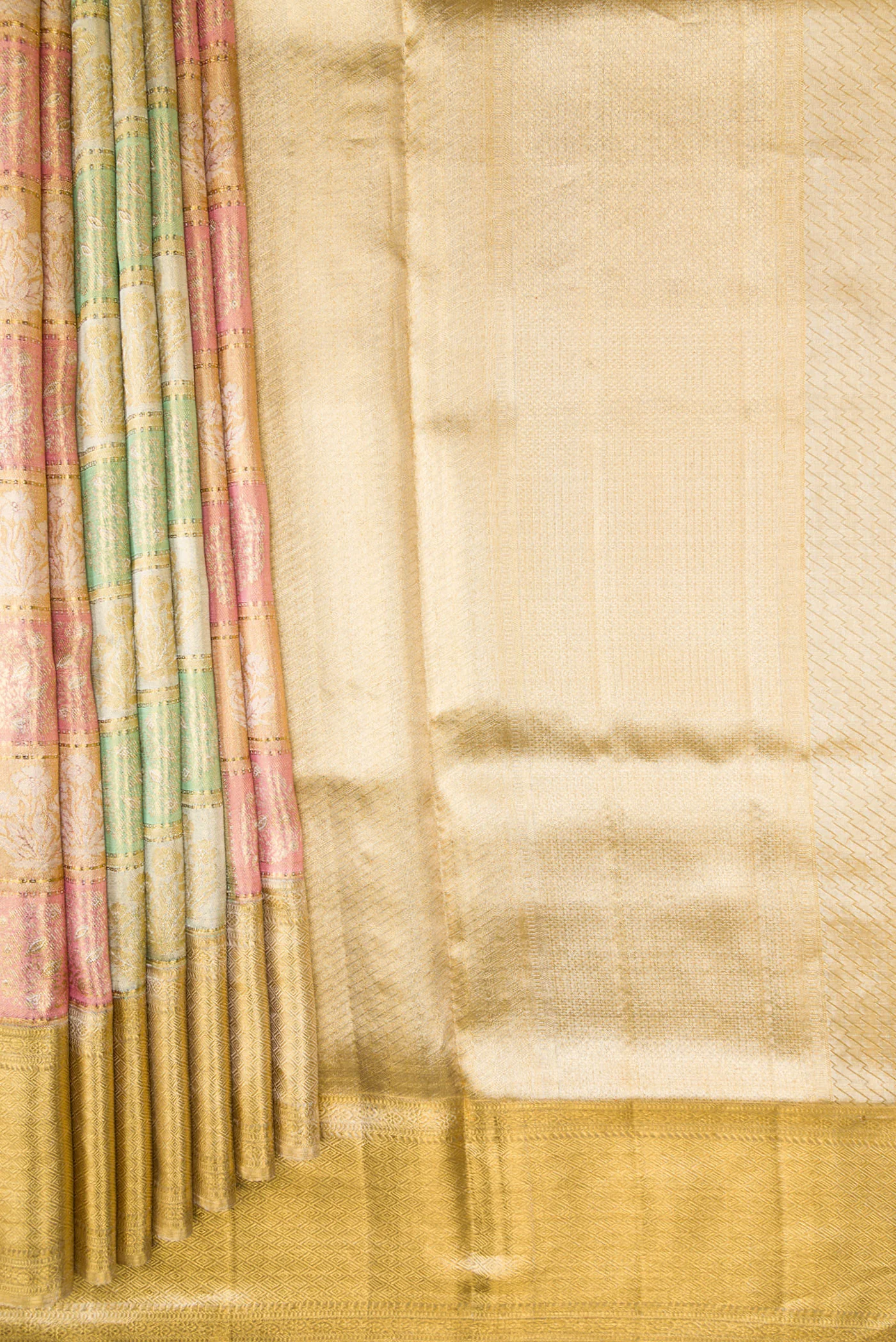 Gold, Pink and Green Color Kanjivaram Tissue Silk Saree - Image 4