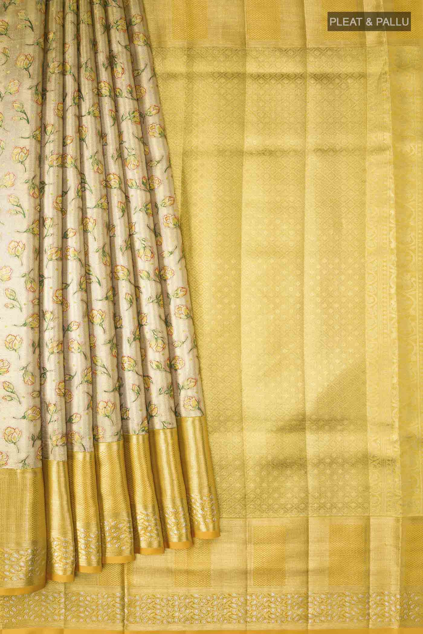 Gold with Green Color Kanjivaram Tissue Silk Saree - Image 4