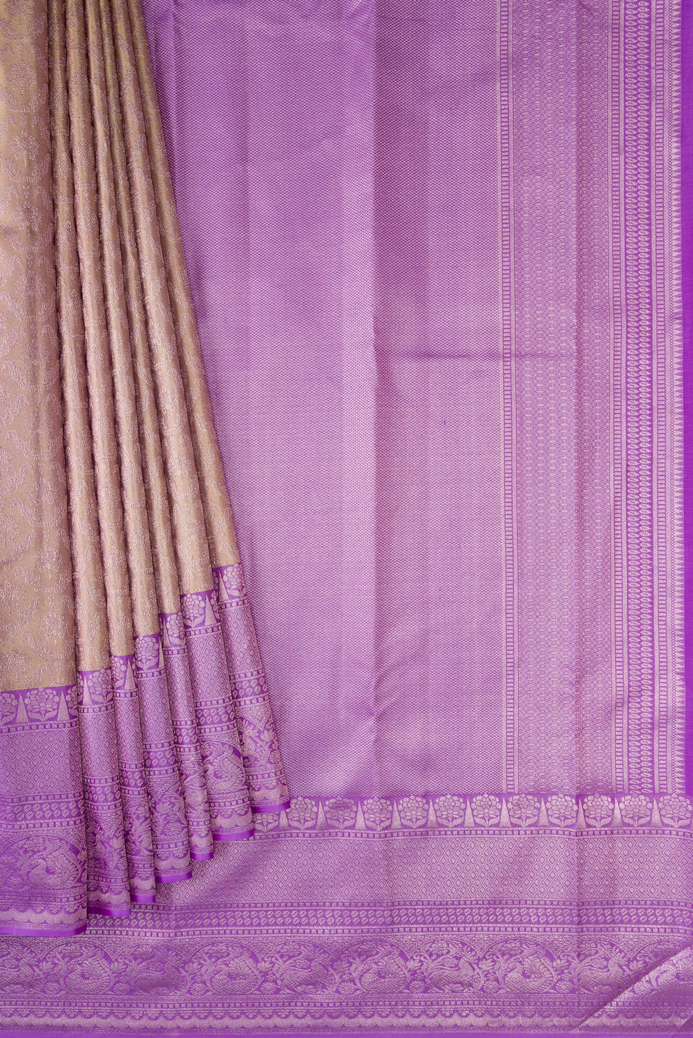 Gold with Lavender Color Kanjivaram Tissue Silk Saree - Image 4