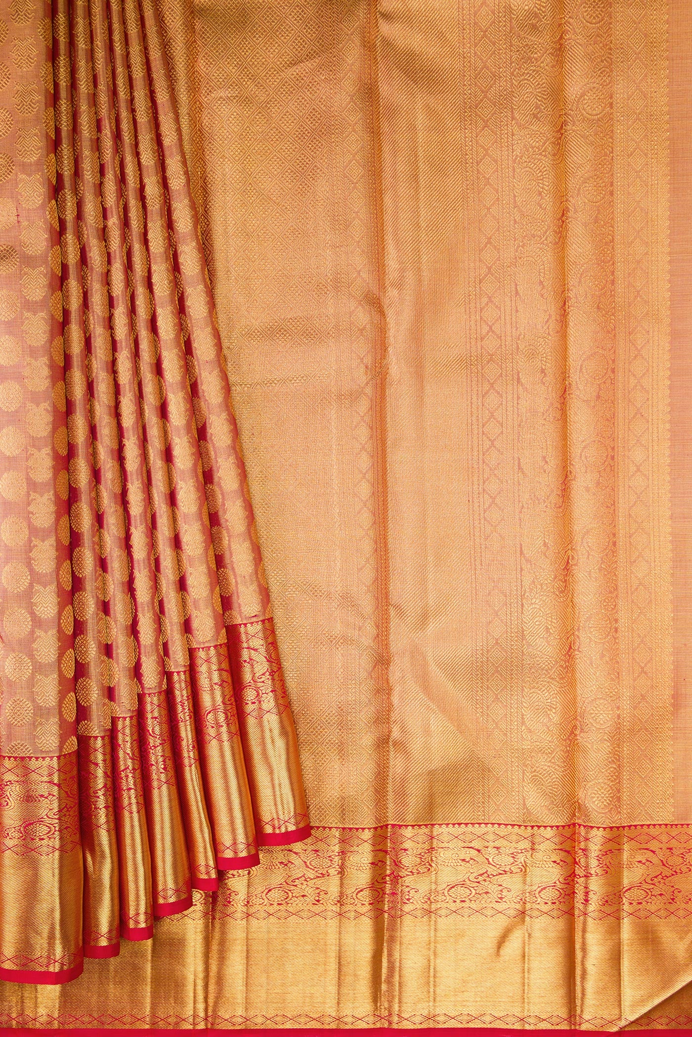 Gold with Pink Color Kanchipuram Tissue Silk Saree - Image 4
