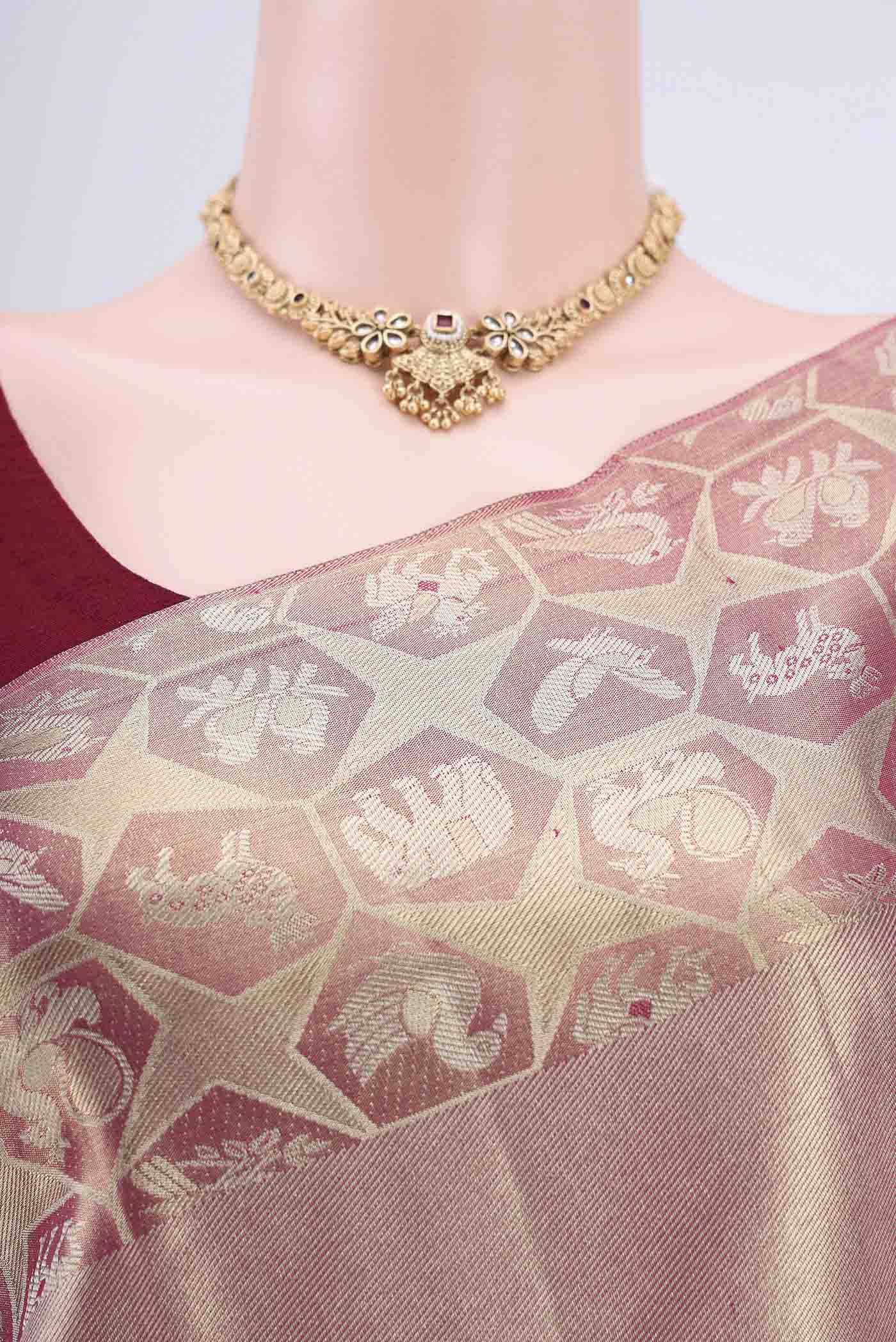 Rose Gold Dual Tone Kanjivaram Tissue Silk Saree - Image 2