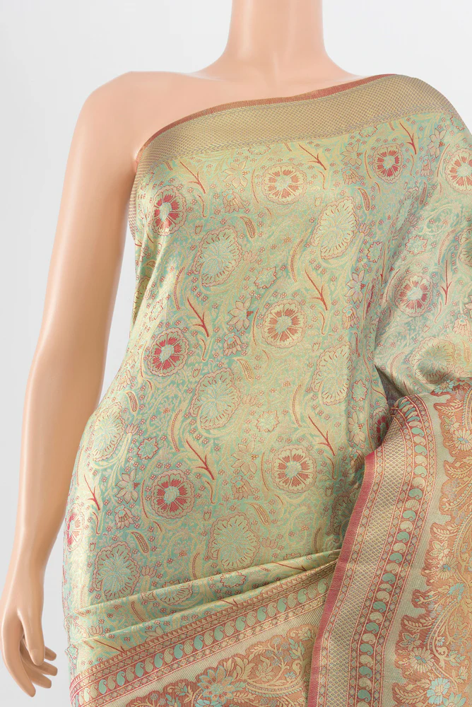 Light Blue with Gold Color Kanchipuram Tissue Silk Nine Yards Saree - Image 2