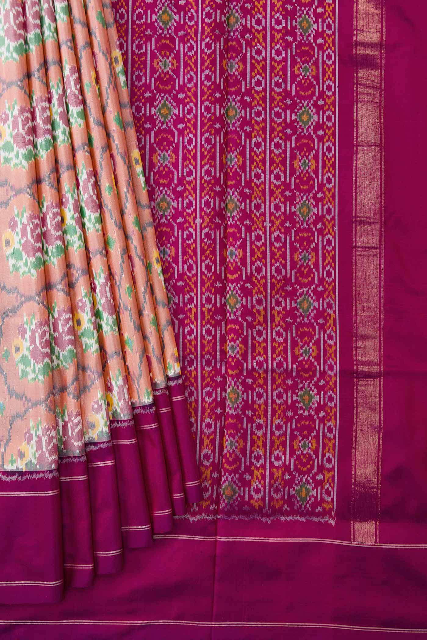Golden Peach Dual Tone Double Ikat Saree - Image 4
