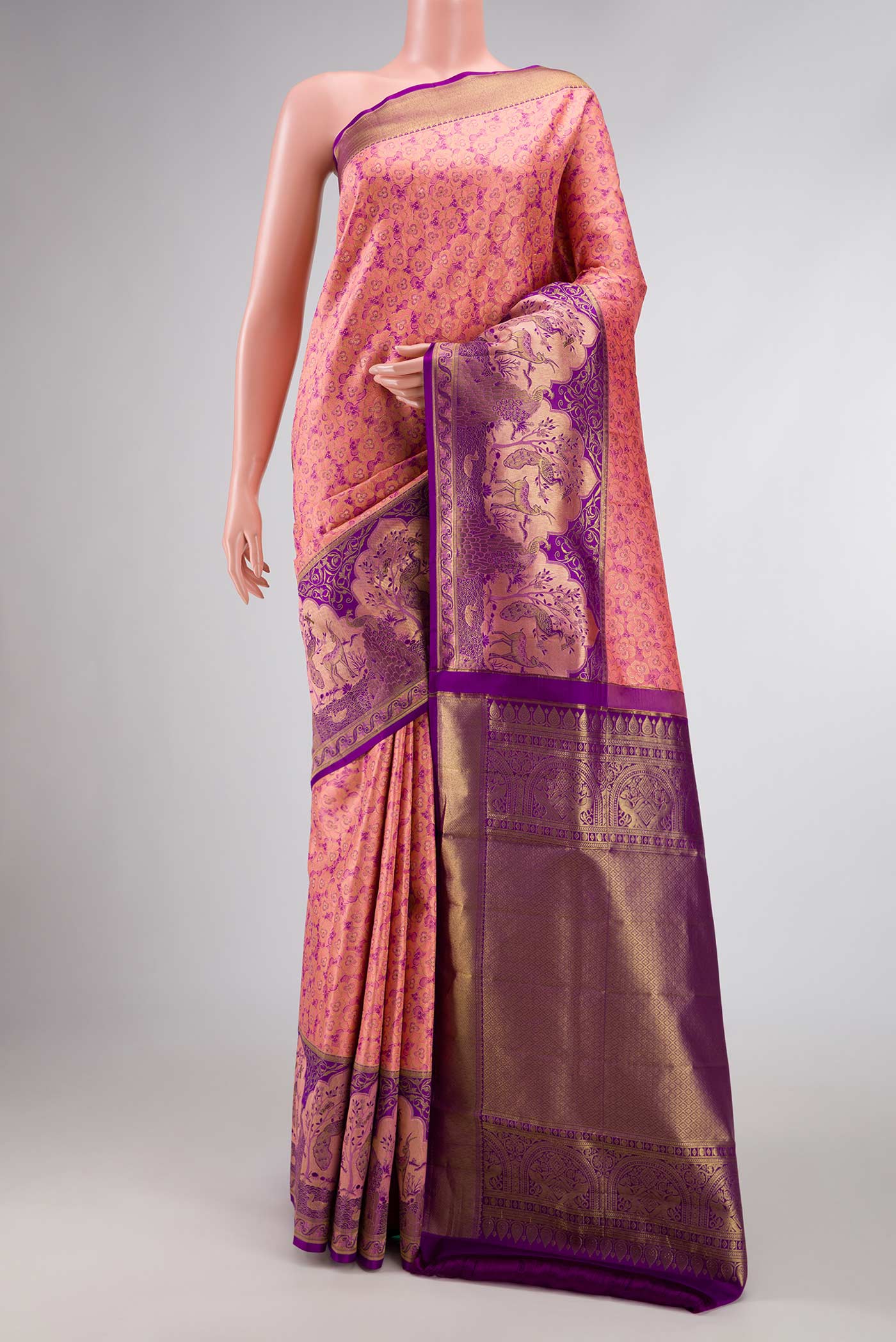 Golden Peach Dual Tone Kanjivaram Silk Saree