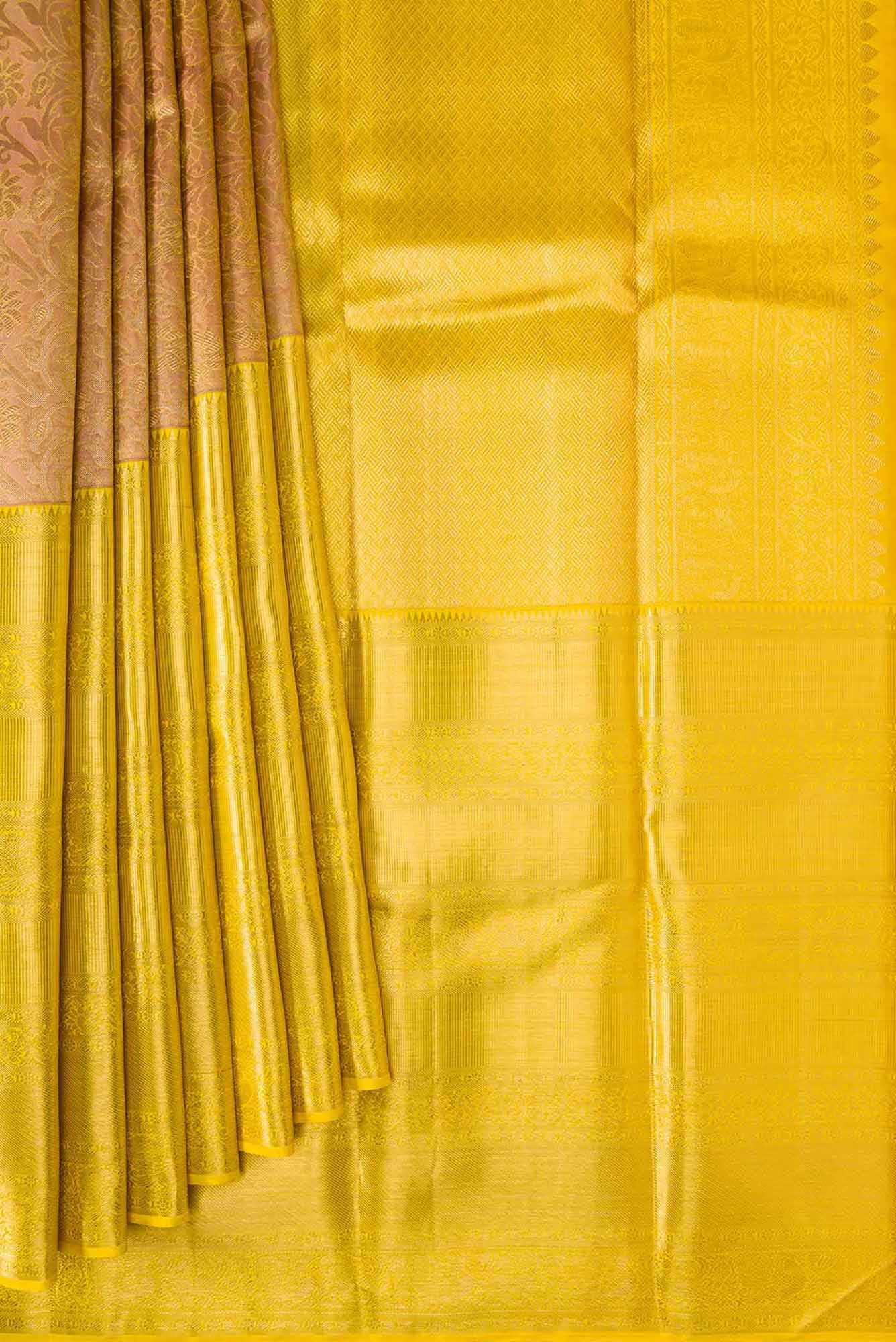 Pure Silk Pure Zari Golden Peach Dual Tone Kanjivaram Saree - Image 2