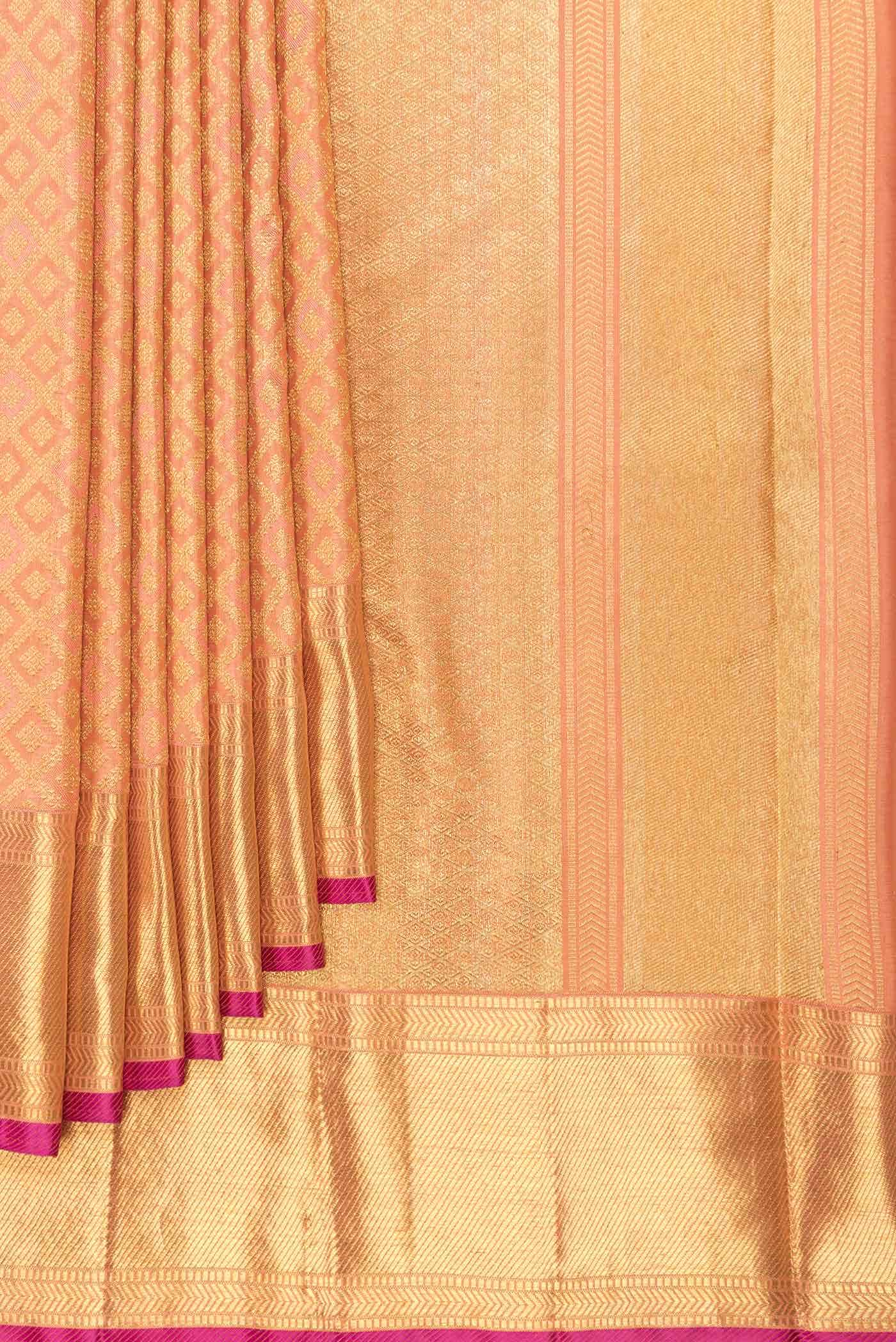 Pure Silk Pure Zari Golden Peach Dual Tone Kanjivaram Saree - Image 2