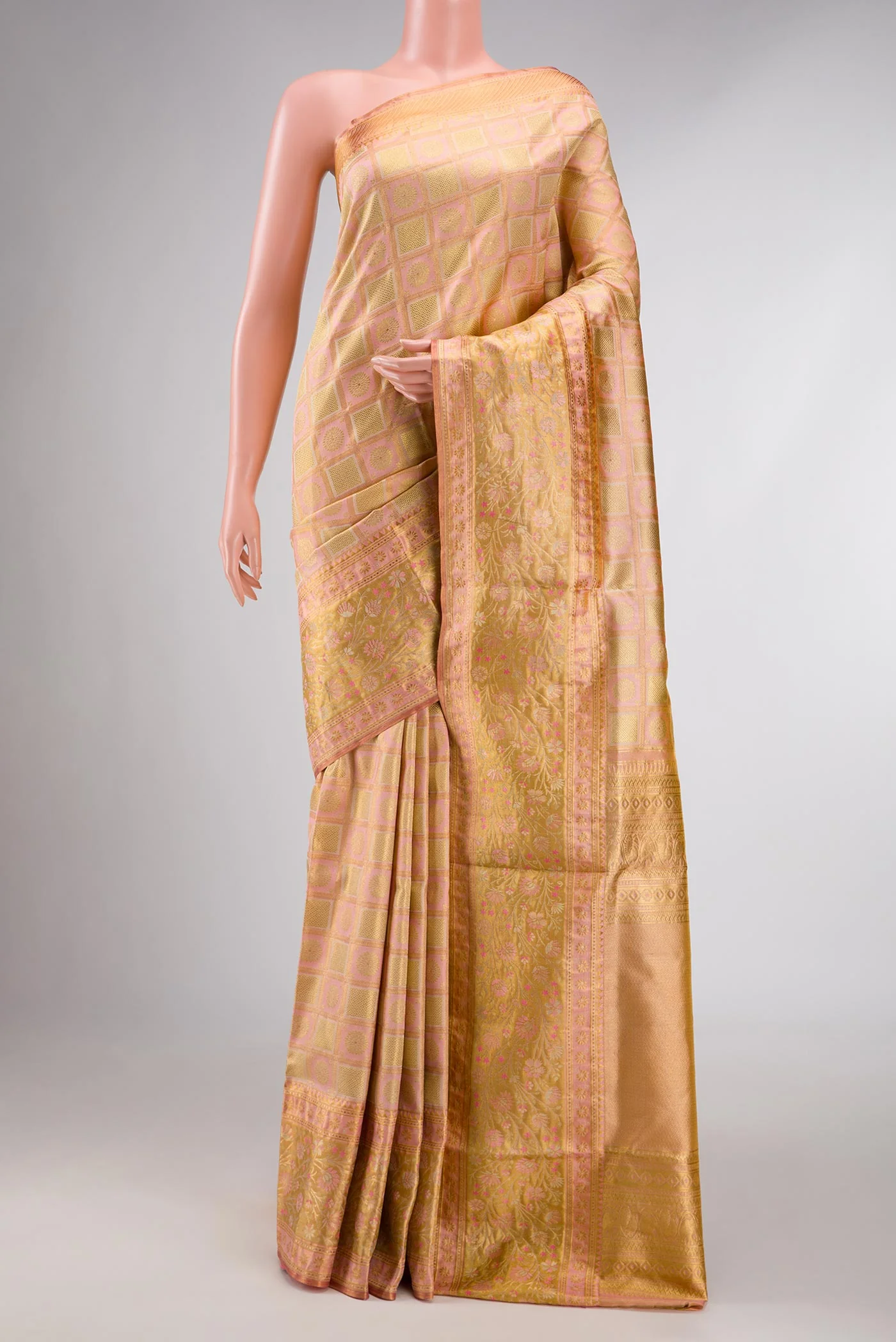Golden Peach Dual Tone Kanchipuram Tissue Silk Saree
