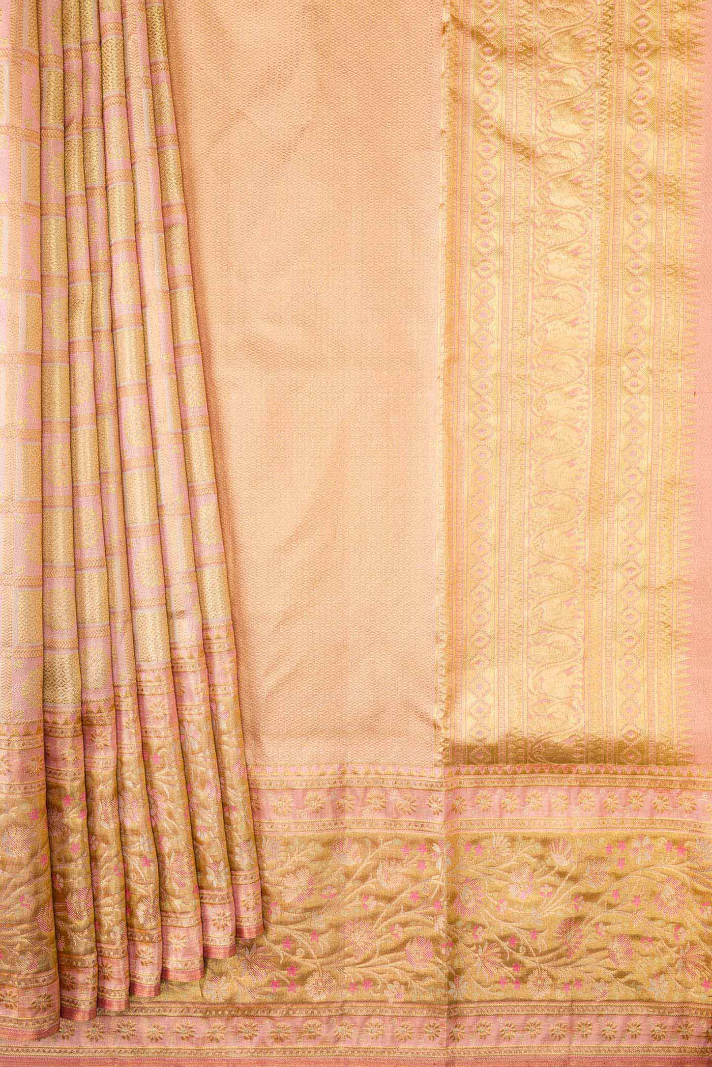 Golden Peach Dual Tone Kanchipuram Tissue Silk Saree - Image 4