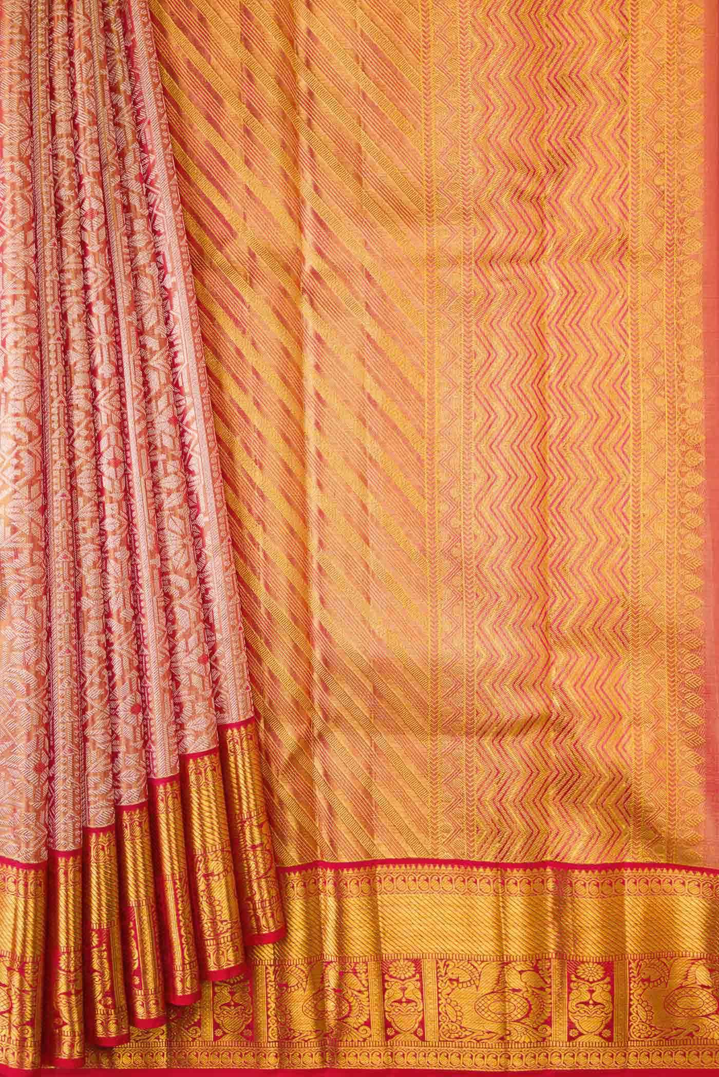 Golden Peach Dual Tone Kanchipuram Tissue Silk Saree - Image 2