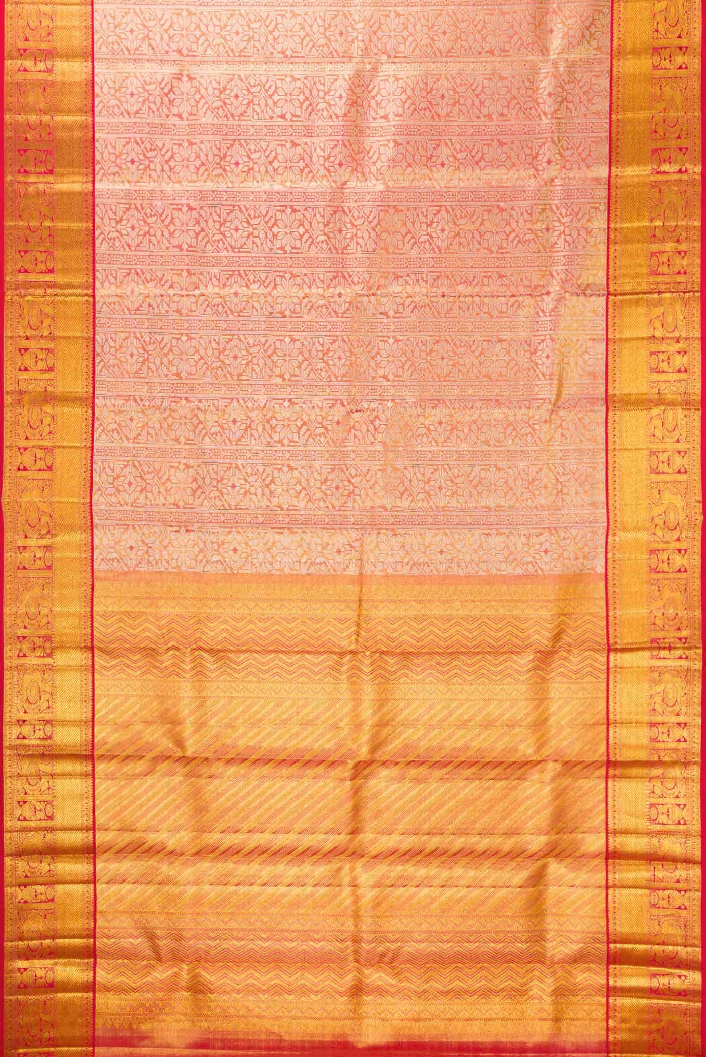 Golden Peach Dual Tone Kanchipuram Tissue Silk Saree - Image 4