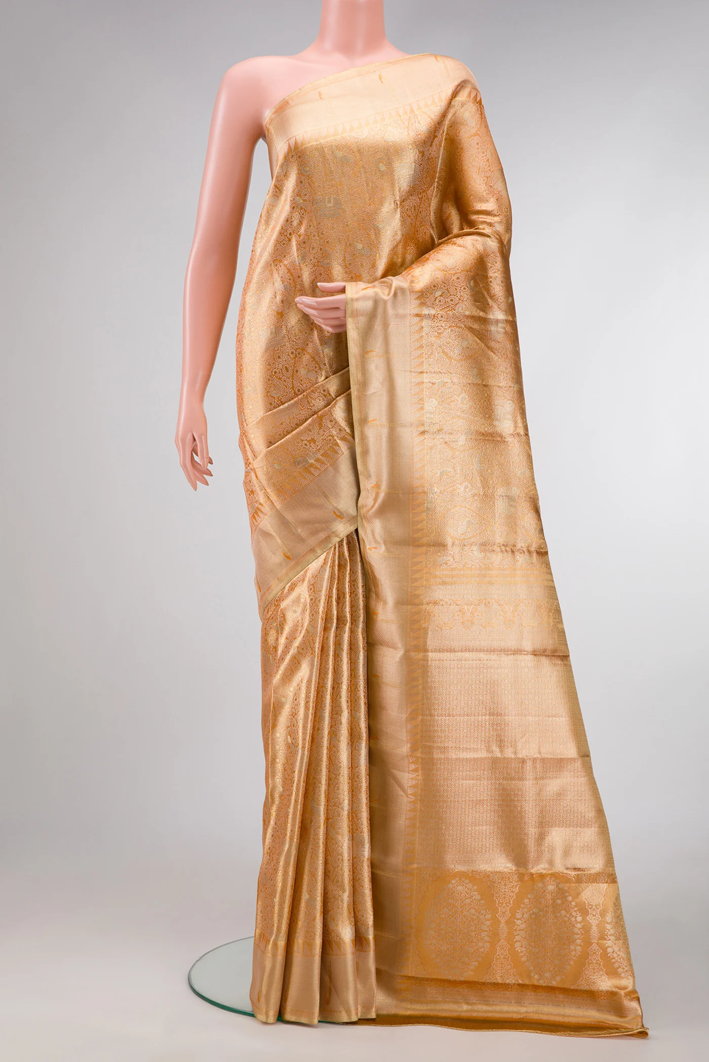 Golden Peach Dual Tone Kanjivaram Tissue Silk Saree