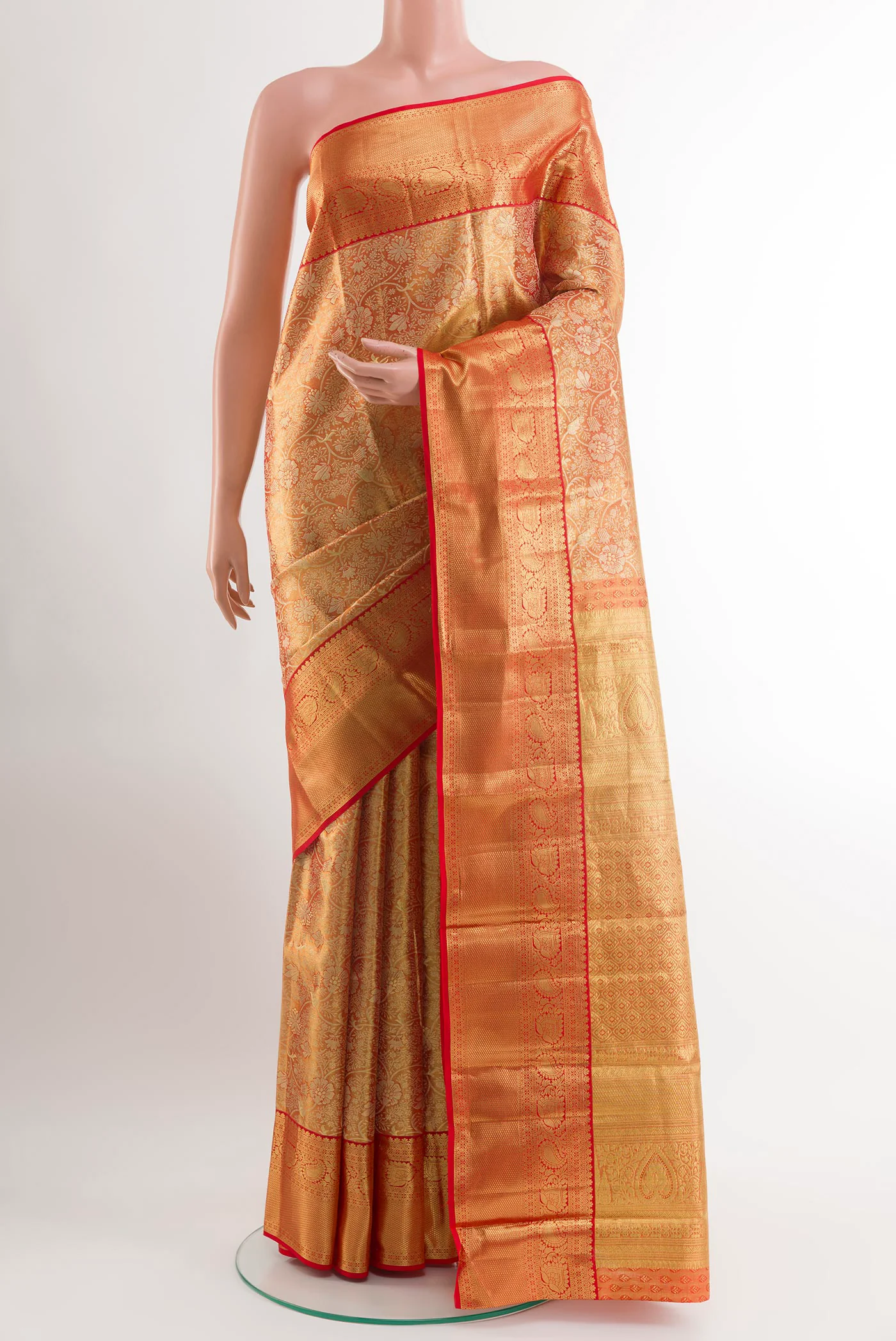 Gold with Red Color Kanchipuram Tissue Silk Saree