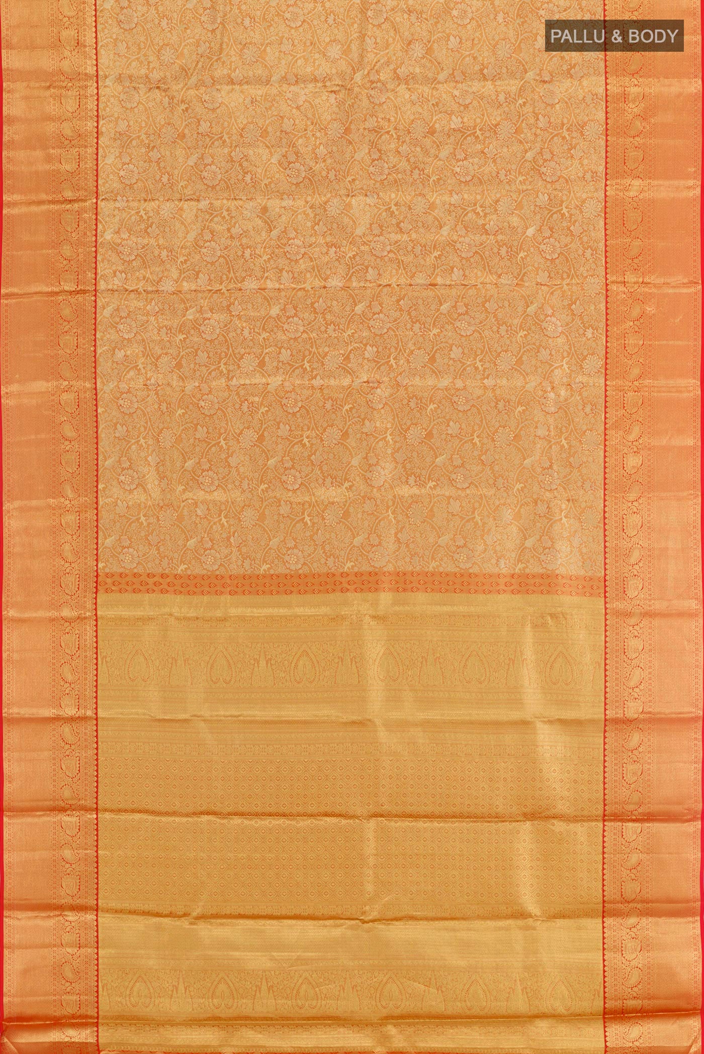 Gold with Red Color Kanchipuram Tissue Silk Saree - Image 3