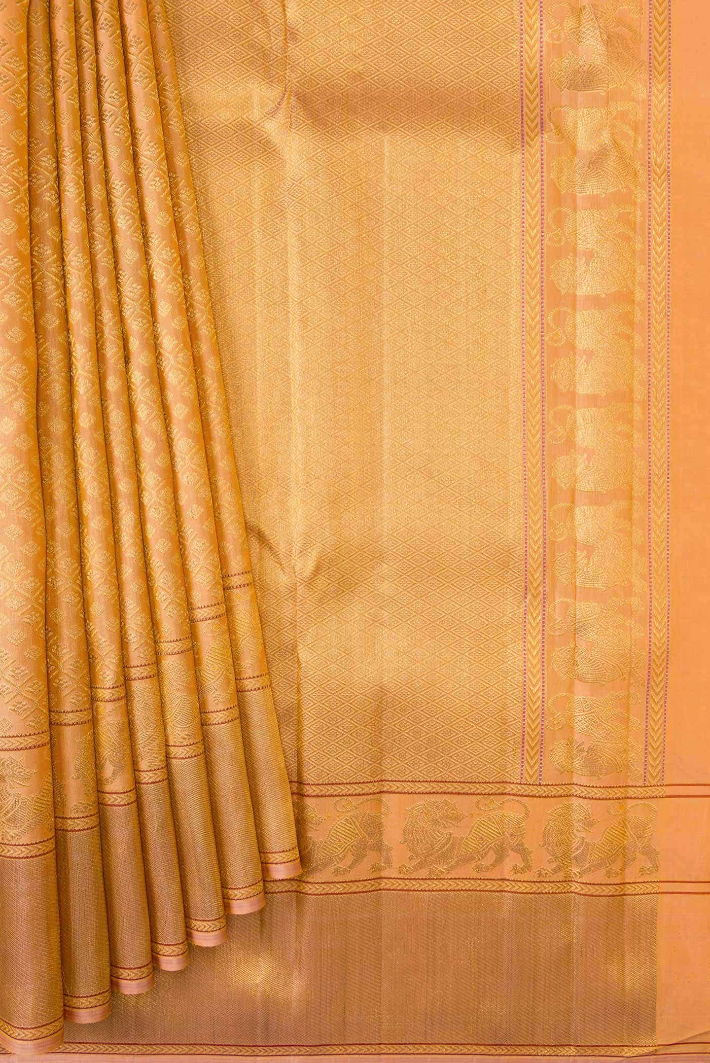 Pure Silk Pure Zari Golden Peach Kanjivaram Saree - Image 2