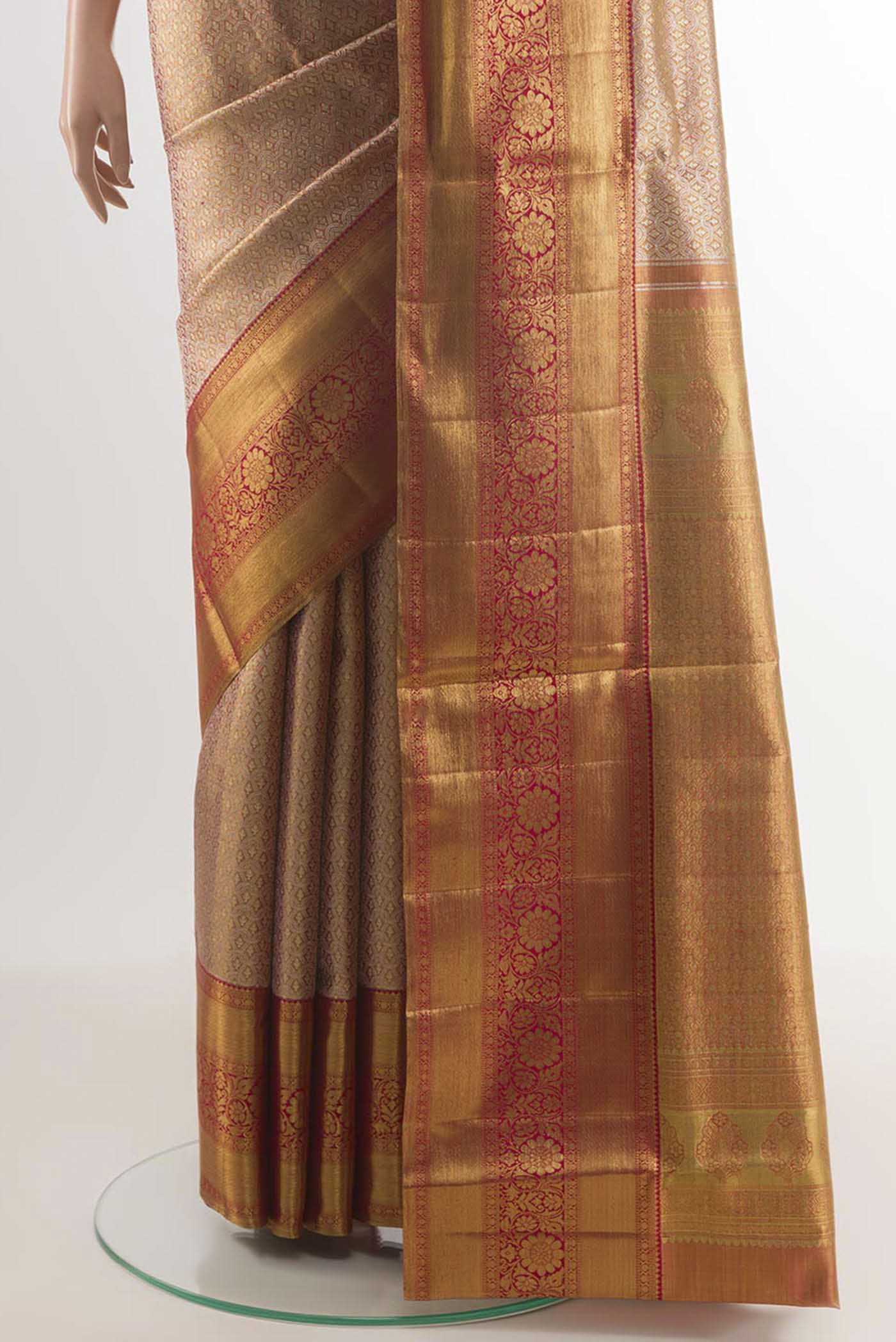 Gold with Rose Gold Color Kanjivaram Tissue Silk Saree - Image 3