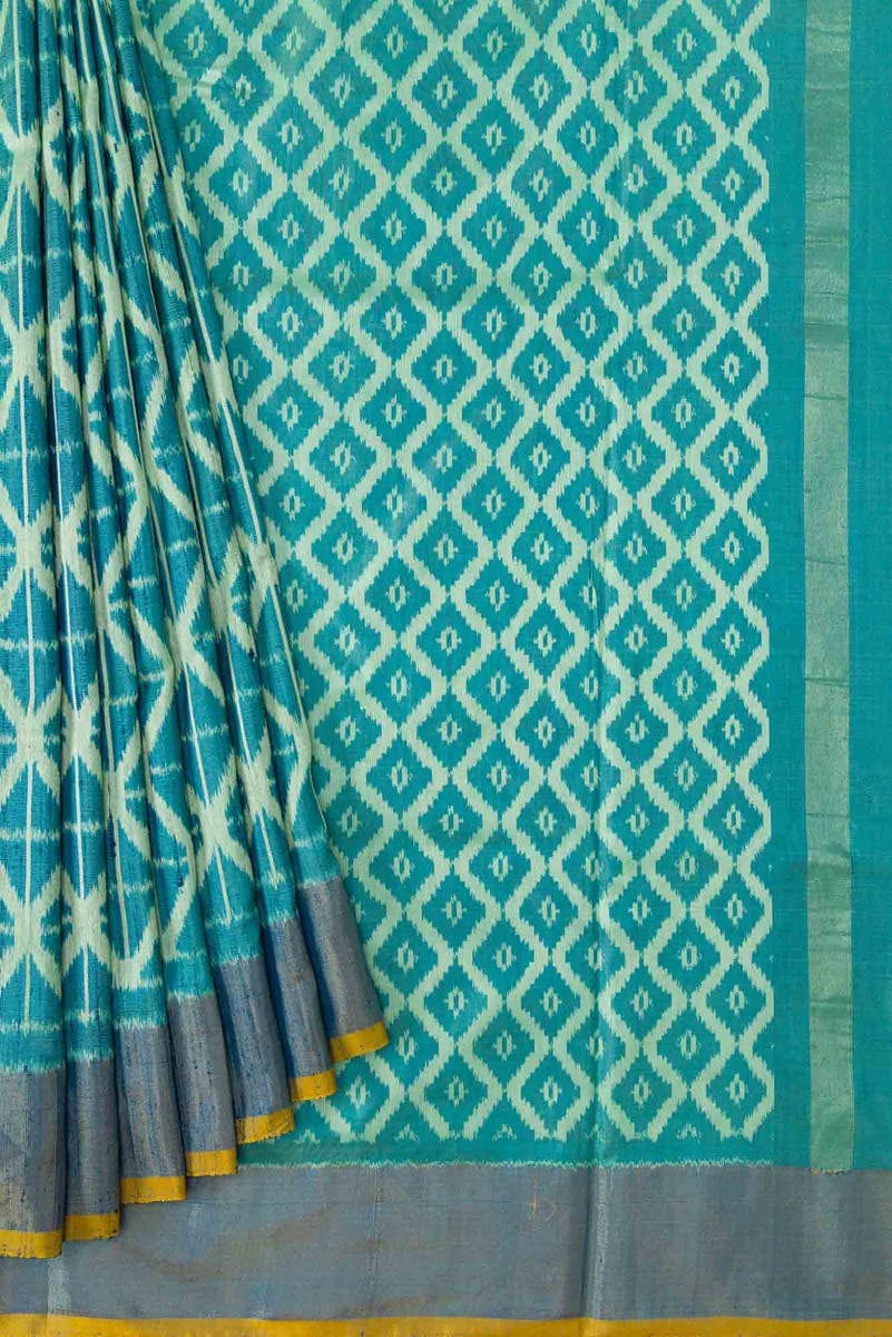Green and Blue Dual Tone Raw Silk Saree - Image 2