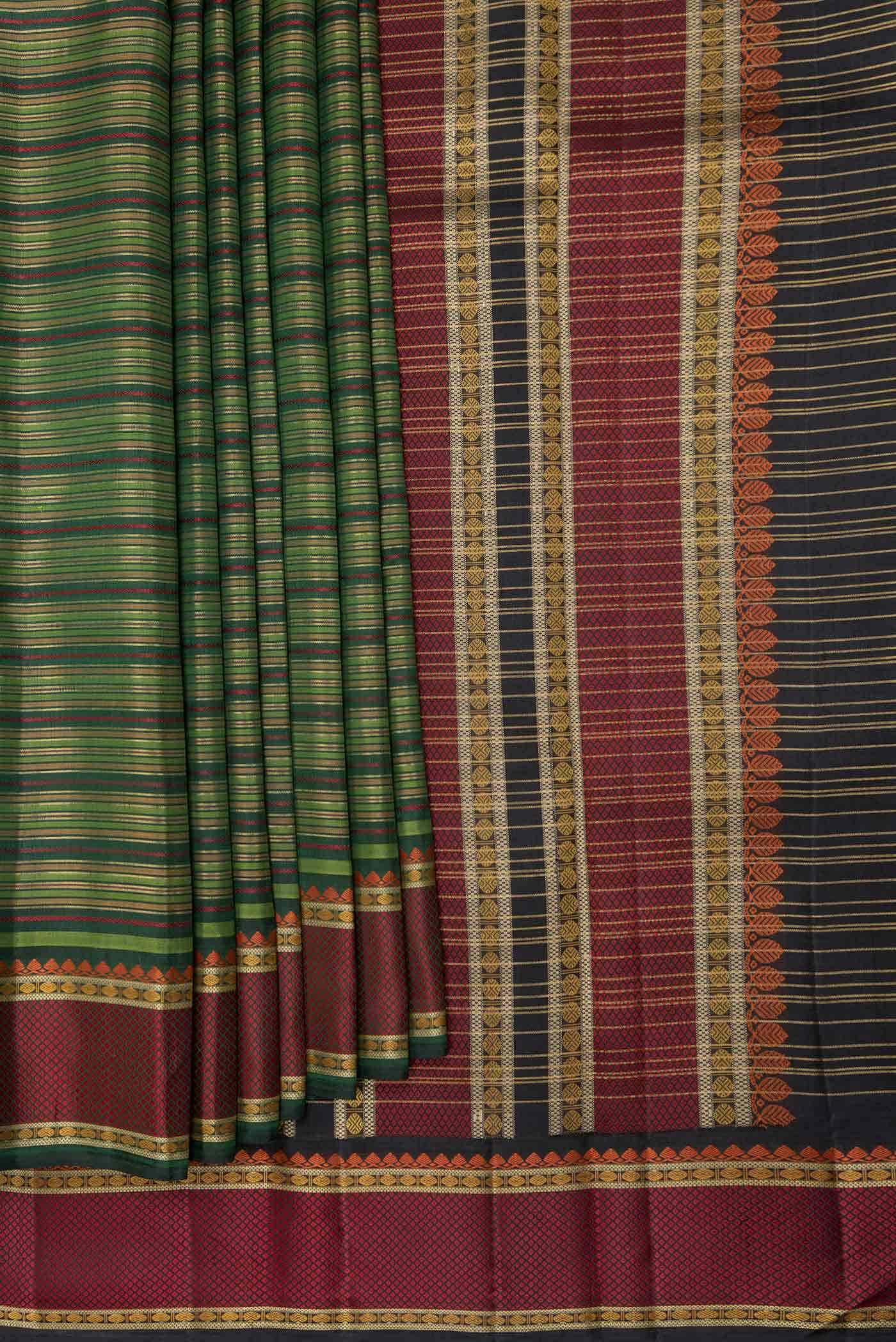 Green and Mustard Dual Tone Kanjivaram Silk Saree - Image 2