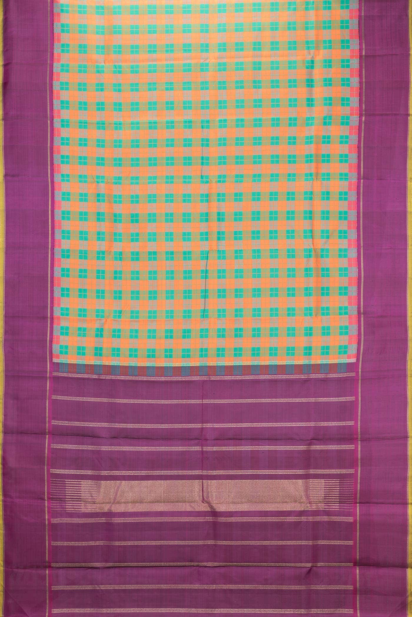 Pure Silk Pure Zari Green and Orange Dual Tone Kanchipuram Saree - Image 4