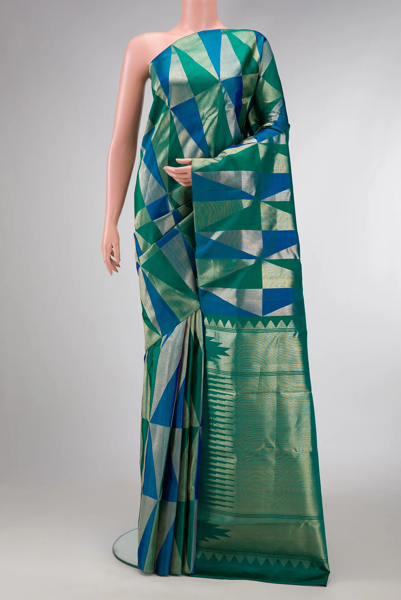 Green and Peacock Blue Color Kanchipuram Silk Saree