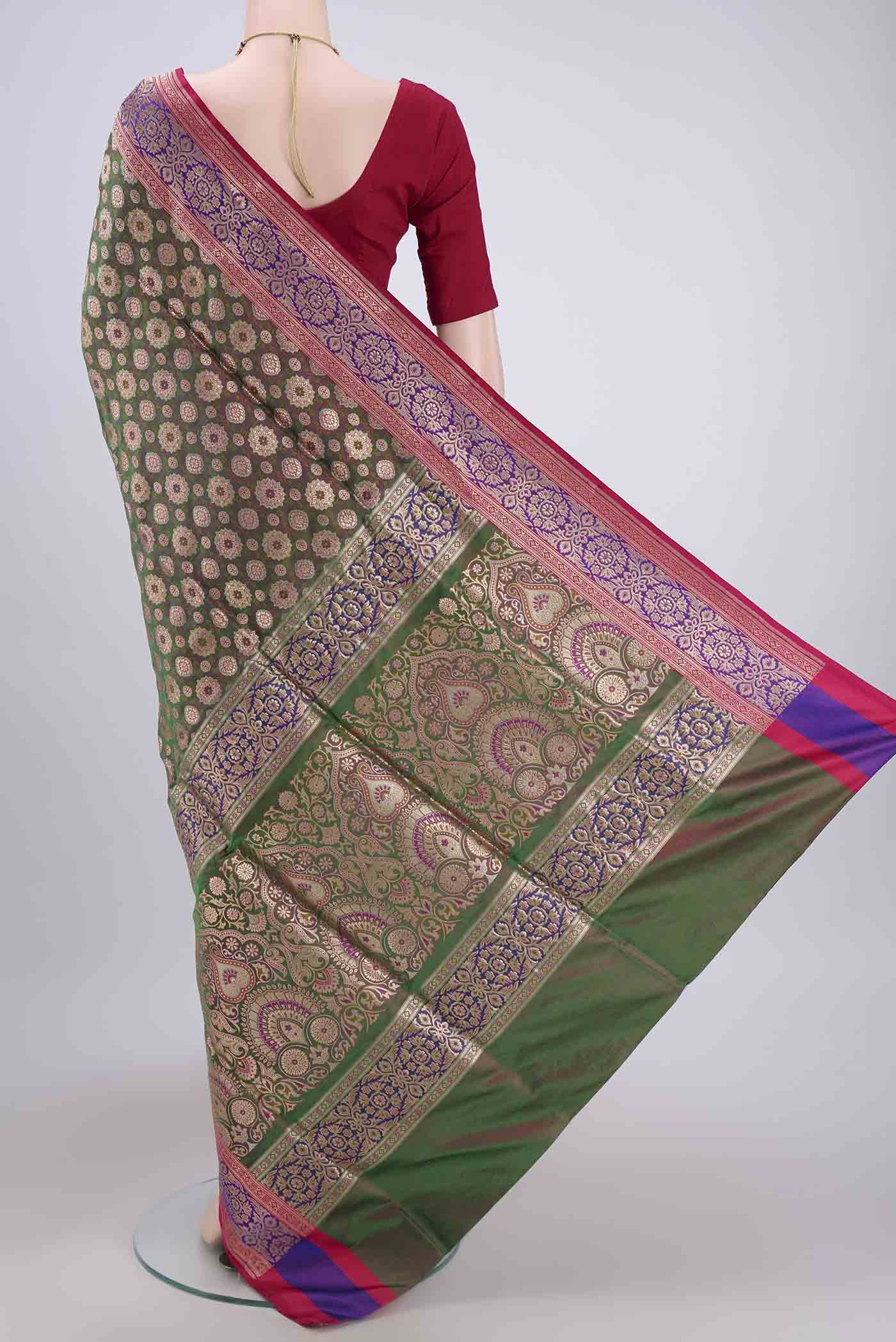 Green Banarasi Jamavar Saree - Image 3