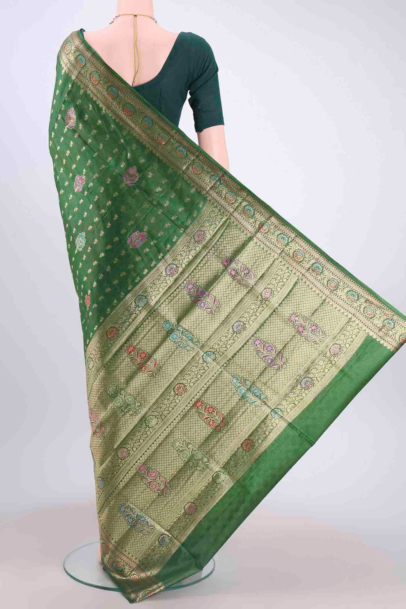 Green Banarasi Tussar Silk Saree - Image 3