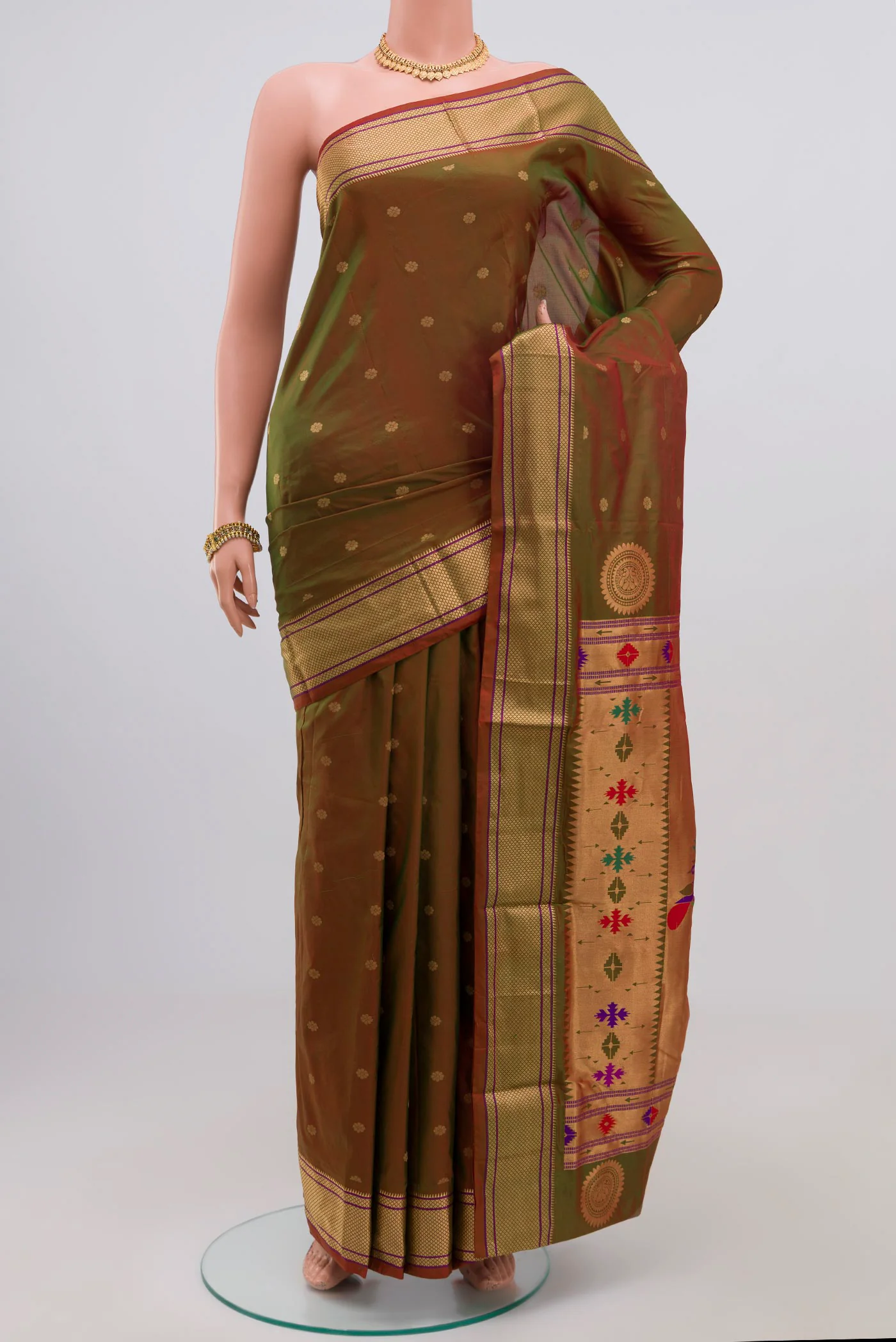 Green with Orange Color Blended Paithani Silk Saree