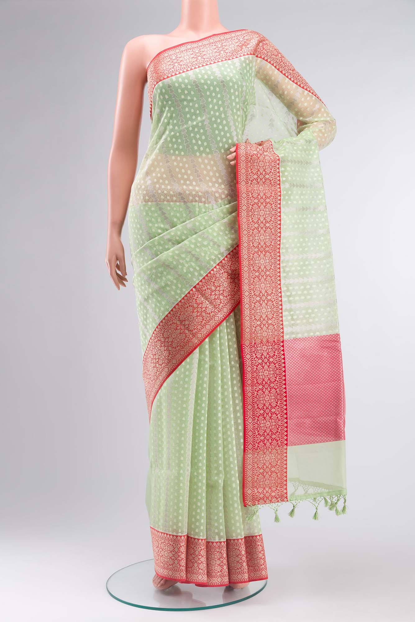 Green Blended Kora Cotton Saree