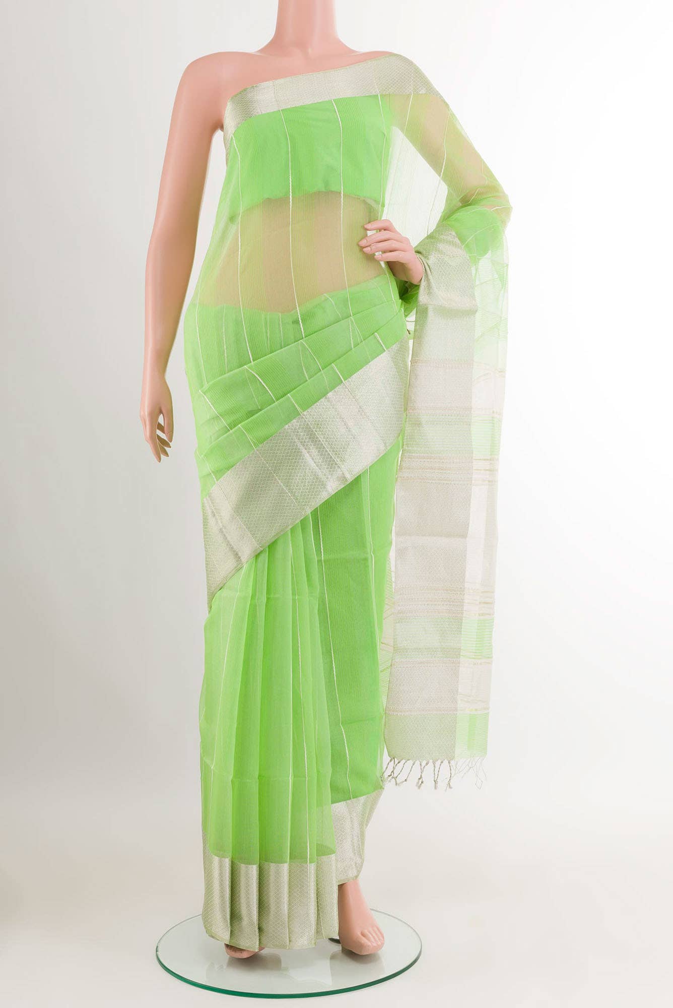 Green Blended Maheshwari Silk Cotton Saree - Image 2