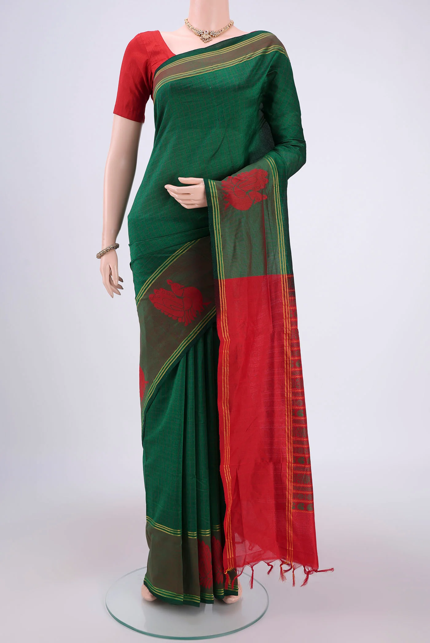 Green Blended Poly Cotton Saree