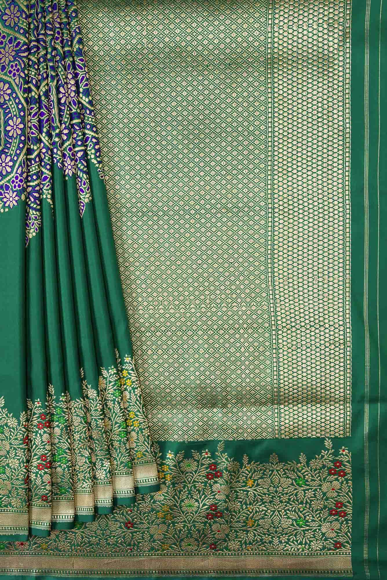 Pure Silk Pure Zari Green Dual Tone Banarasi Saree - Image 2