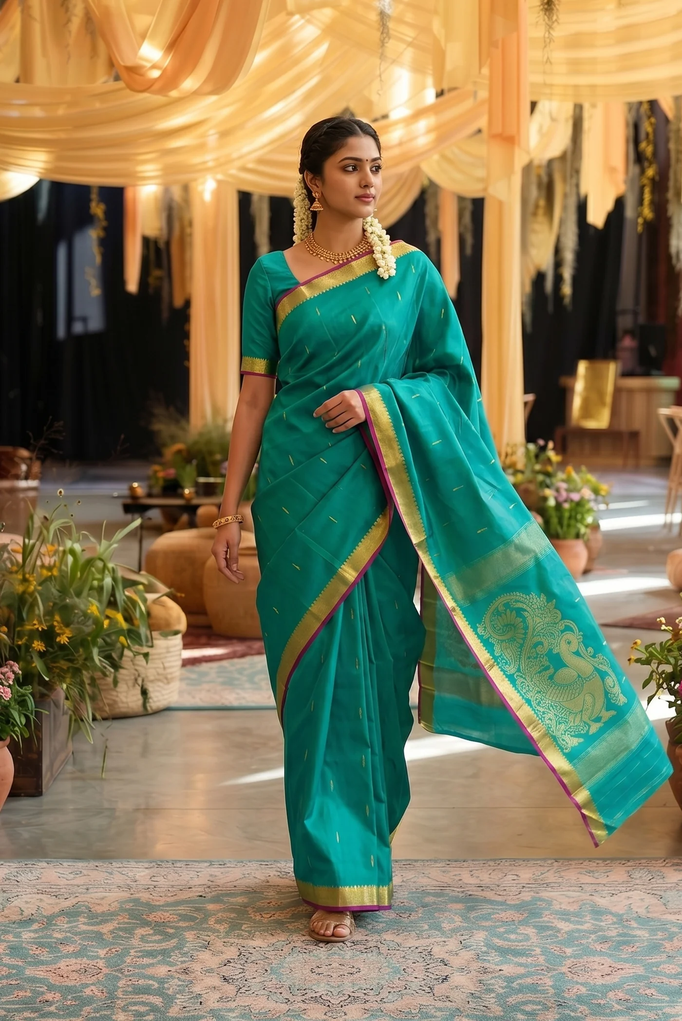 Blue with Green Color Kanchipuram Silk Saree