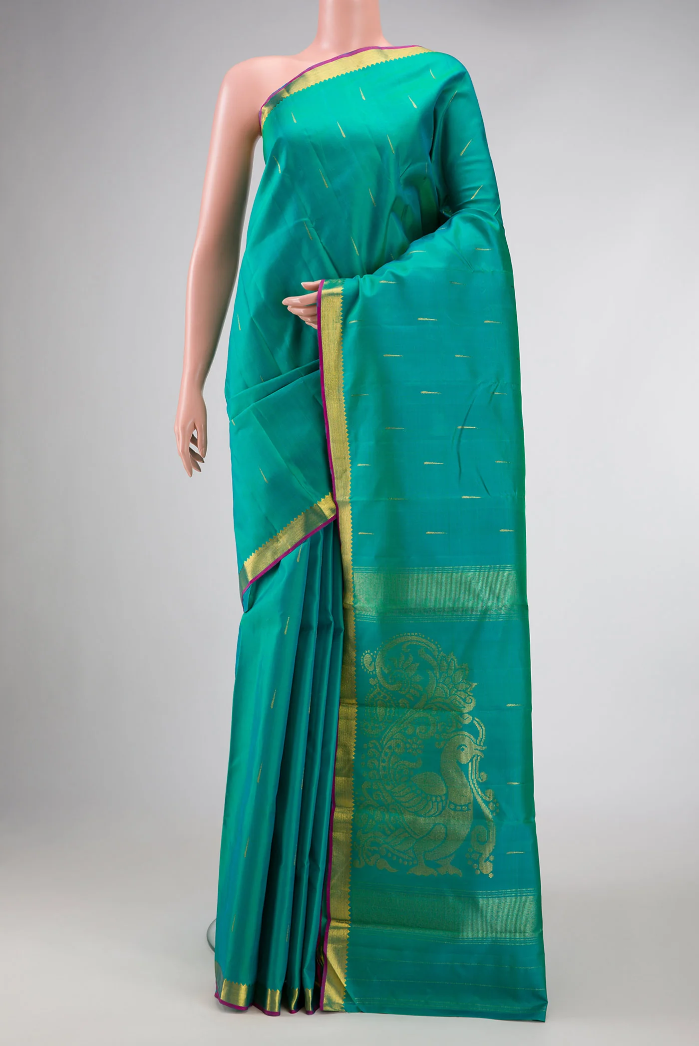 Blue with Green Color Kanchipuram Silk Saree - Image 2