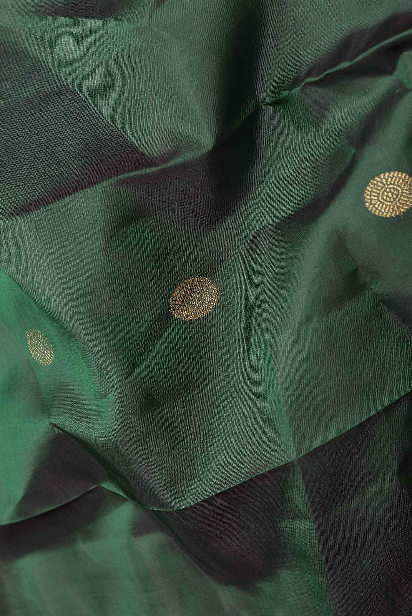 Pure Silk Pure Zari Bottle Green Kanchipuram Saree - Image 3