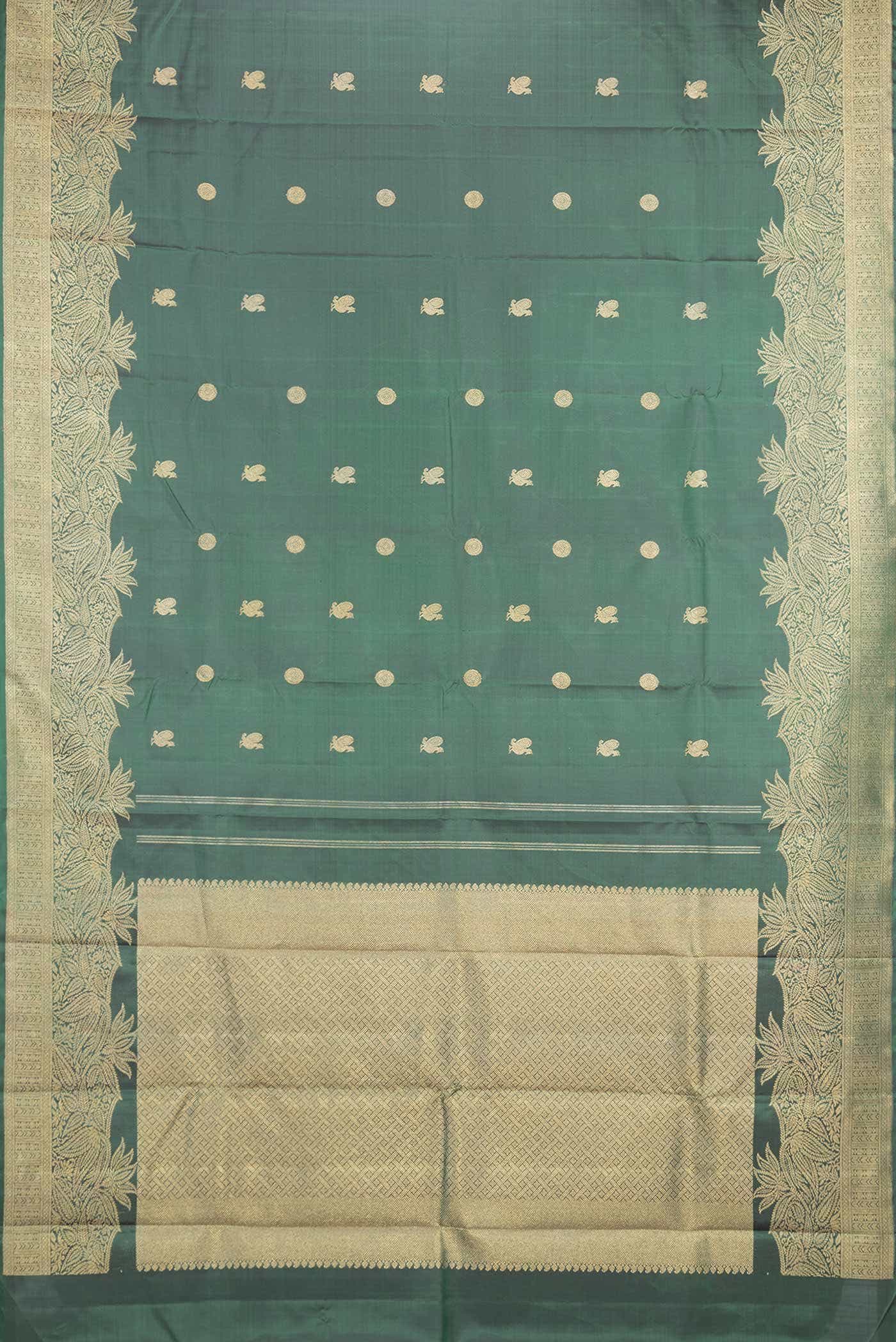 Pure Silk Pure Zari Bottle Green Kanchipuram Saree - Image 4