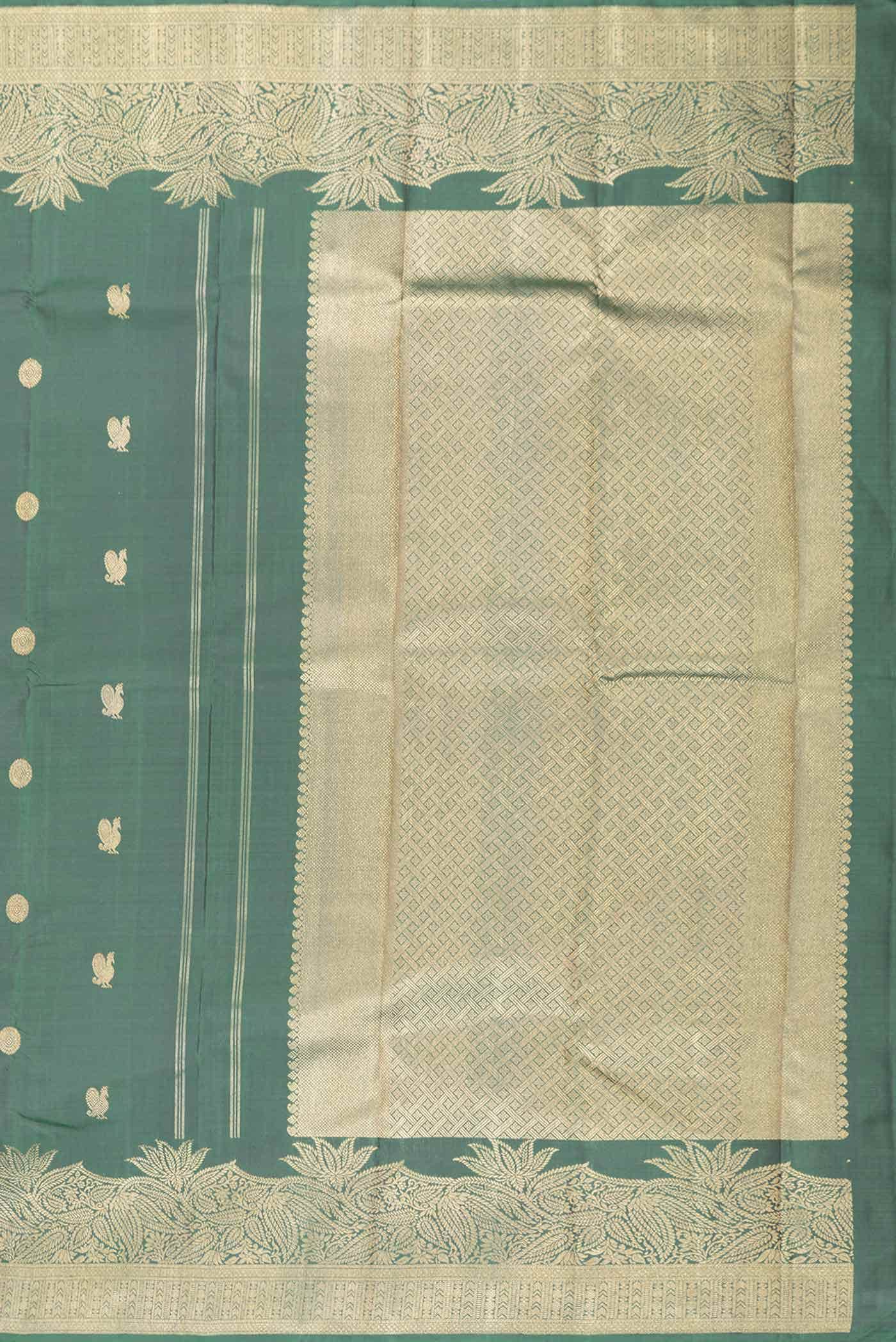 Pure Silk Pure Zari Bottle Green Kanchipuram Saree - Image 5