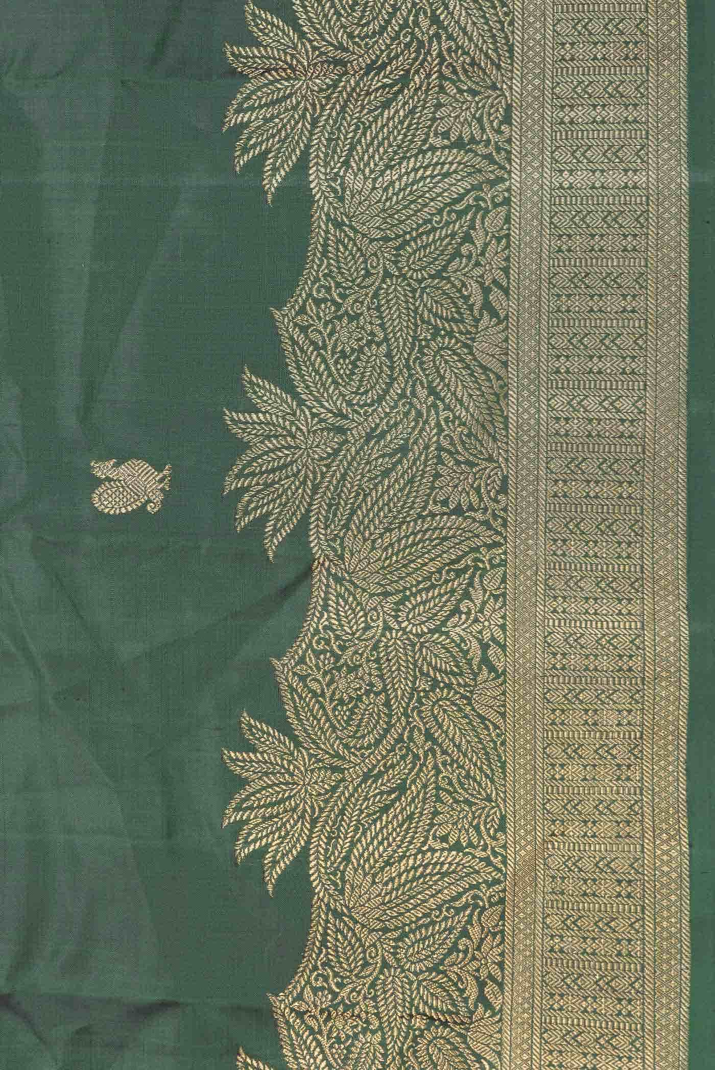 Pure Silk Pure Zari Bottle Green Kanchipuram Saree - Image 6