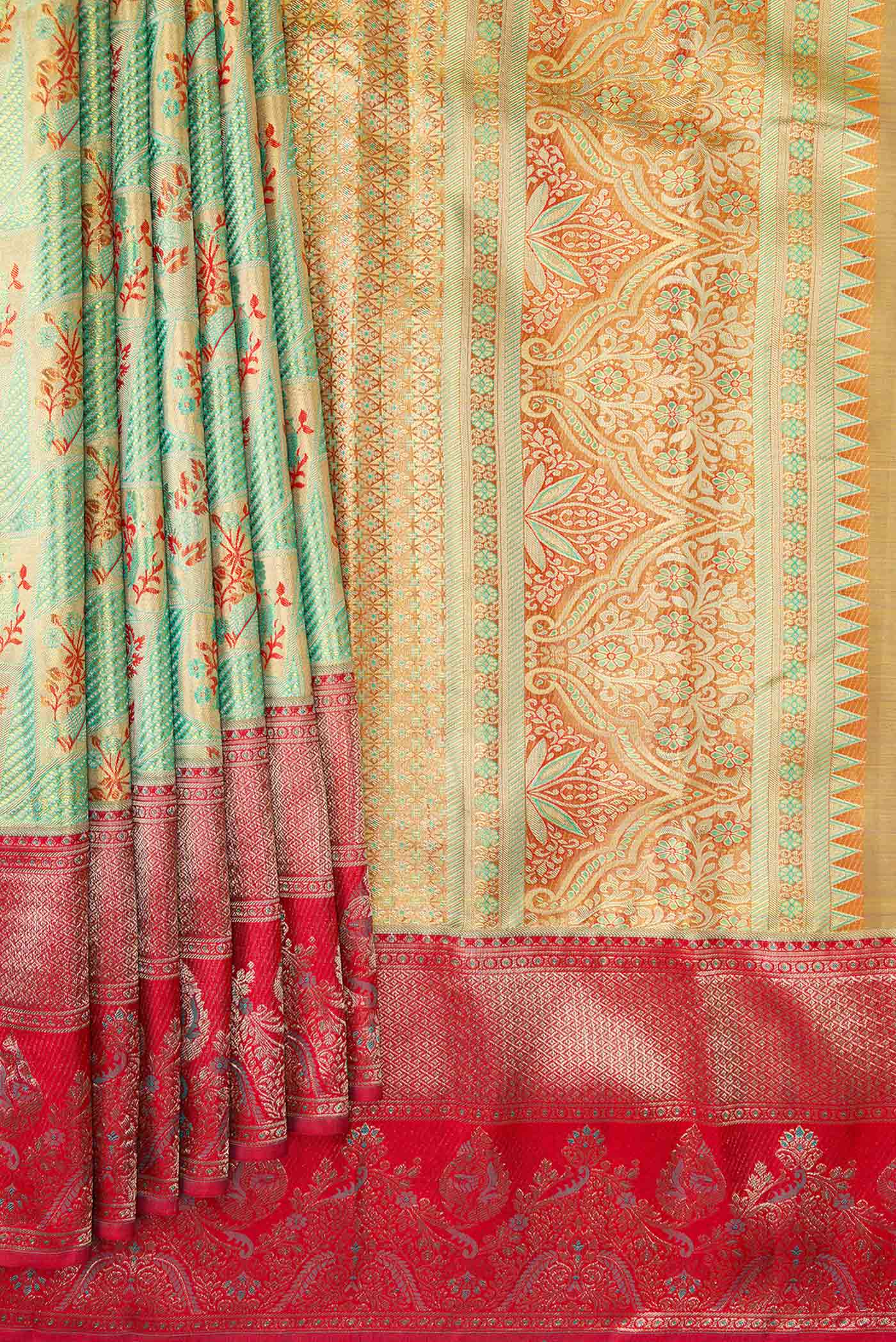 Sea Green with Gold Color Kanchipuram Tissue Silk Saree - Image 4