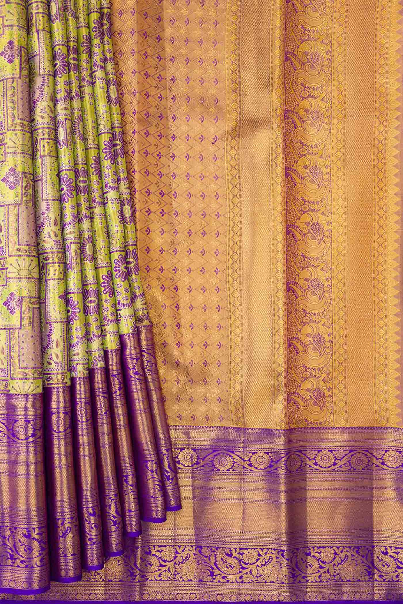 Green and Violet Color Kanchipuram Tissue Silk Saree - Image 4