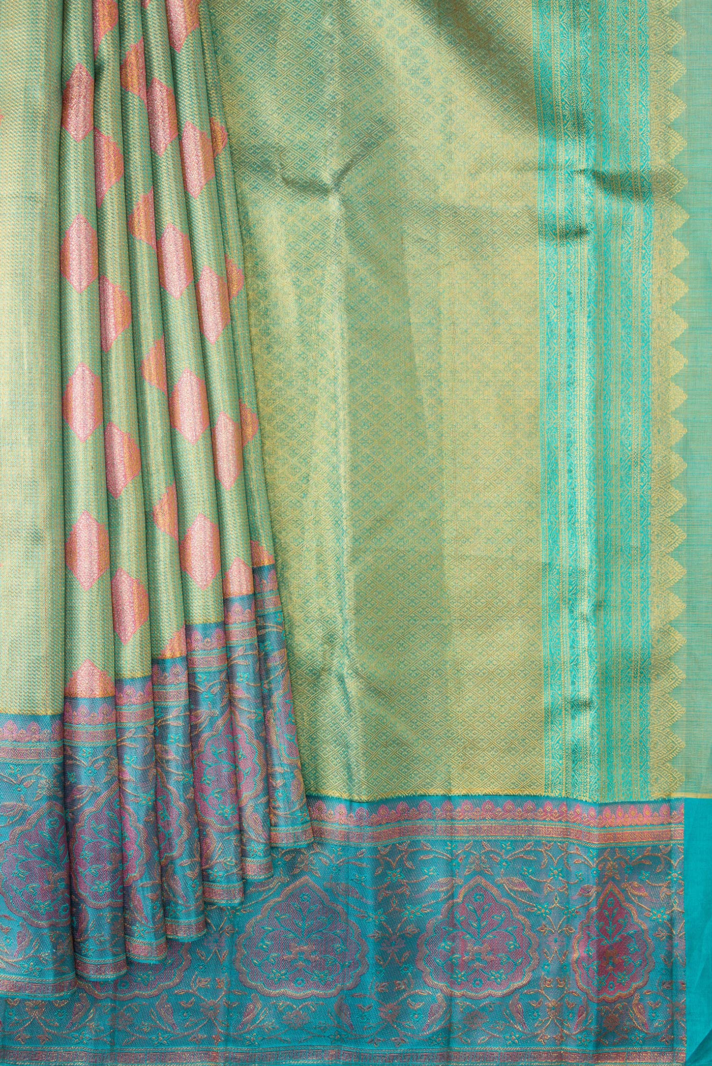 Green with Gold Color Kanjivaram Tissue Silk Saree - Image 4