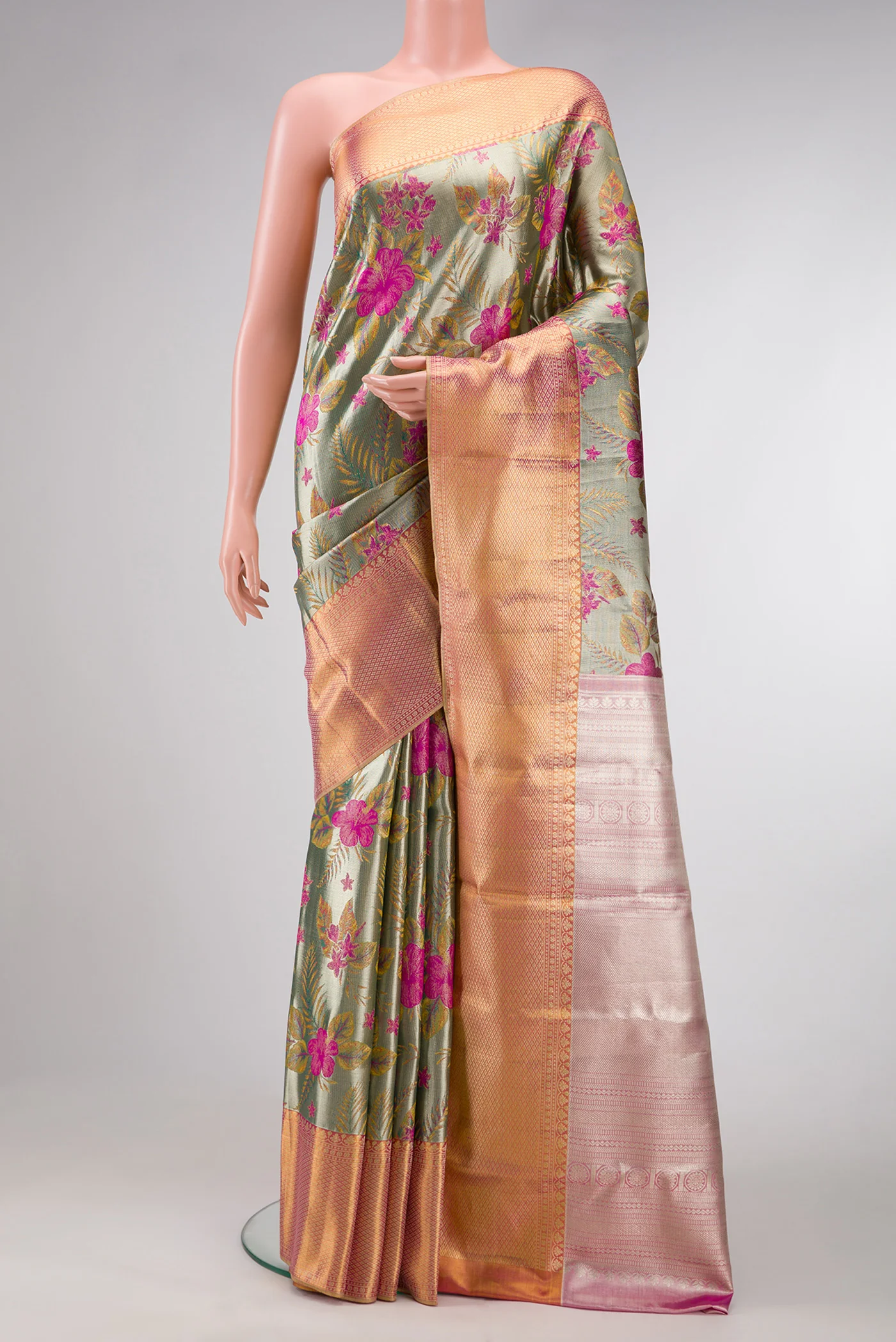 Grey Dual Tone Kanjivaram Tissue Silk Saree