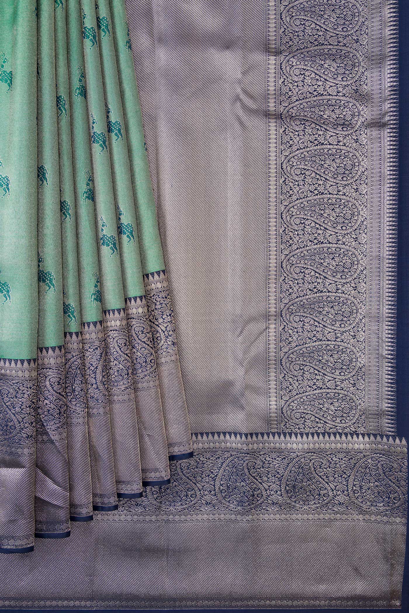 Green with Blue Color Kanjivaram Tissue Silk Saree - Image 4