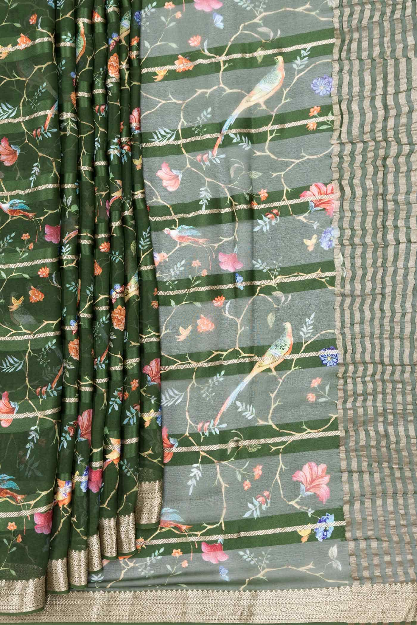 Green Dual Tone Mysore Georgette Saree - Image 2