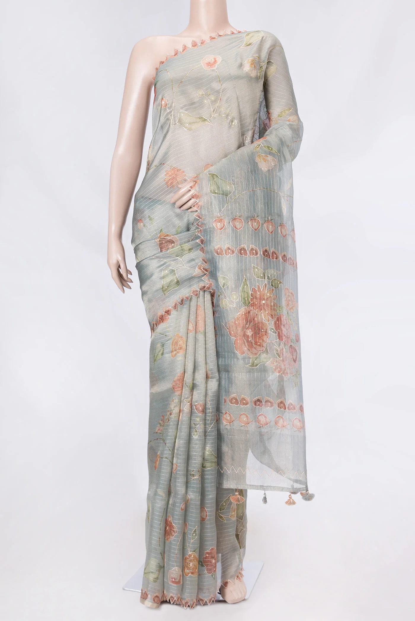 Blue Grey Organza Silk Saree
